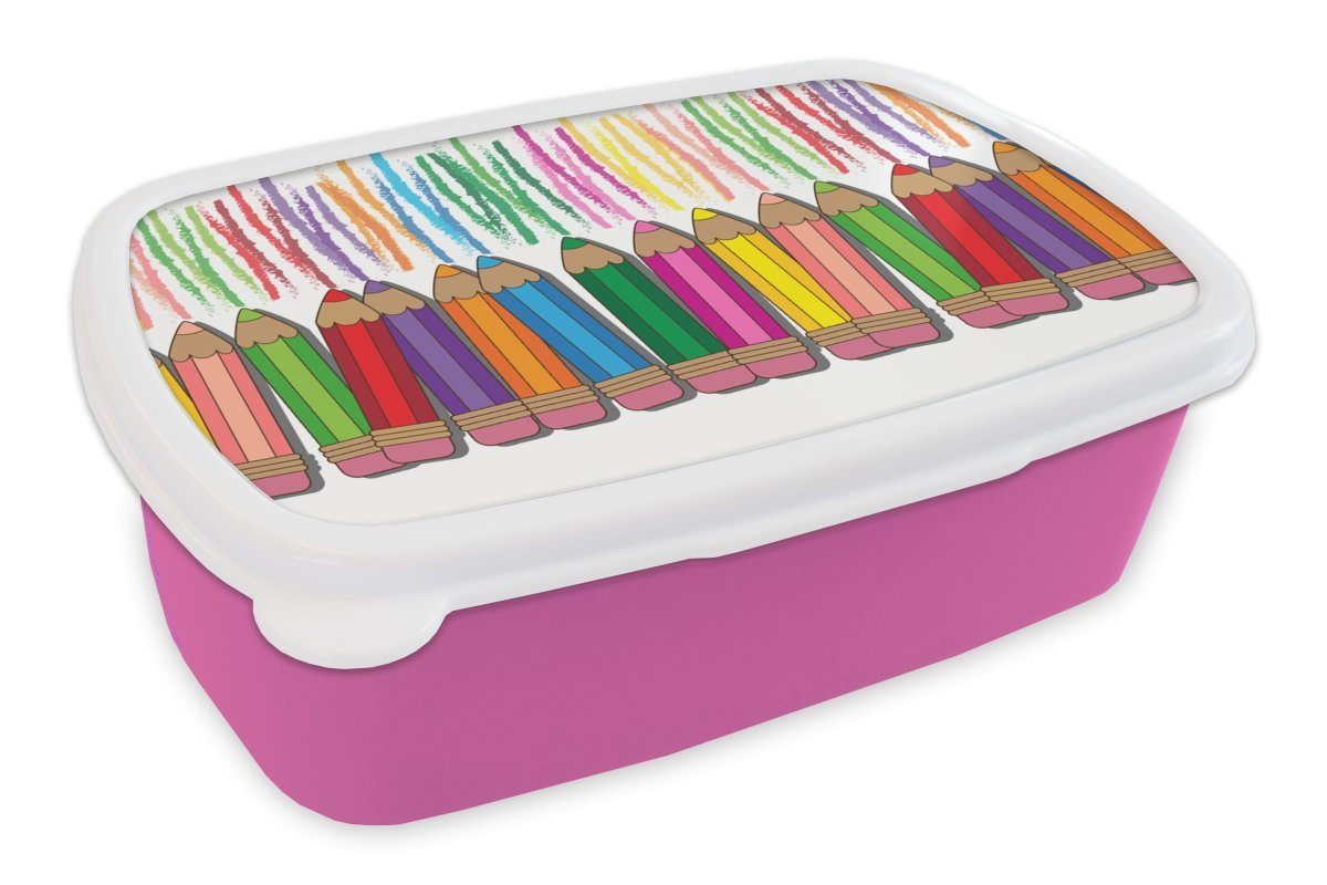 MuchoWow Lunchbox Farbstift - Muster - Regenbogen, Kunststoff, (2-tlg), Brotbox für Erwachsene, Brotdose Kinder, Snackbox, Mädchen, Kunststoff rosa