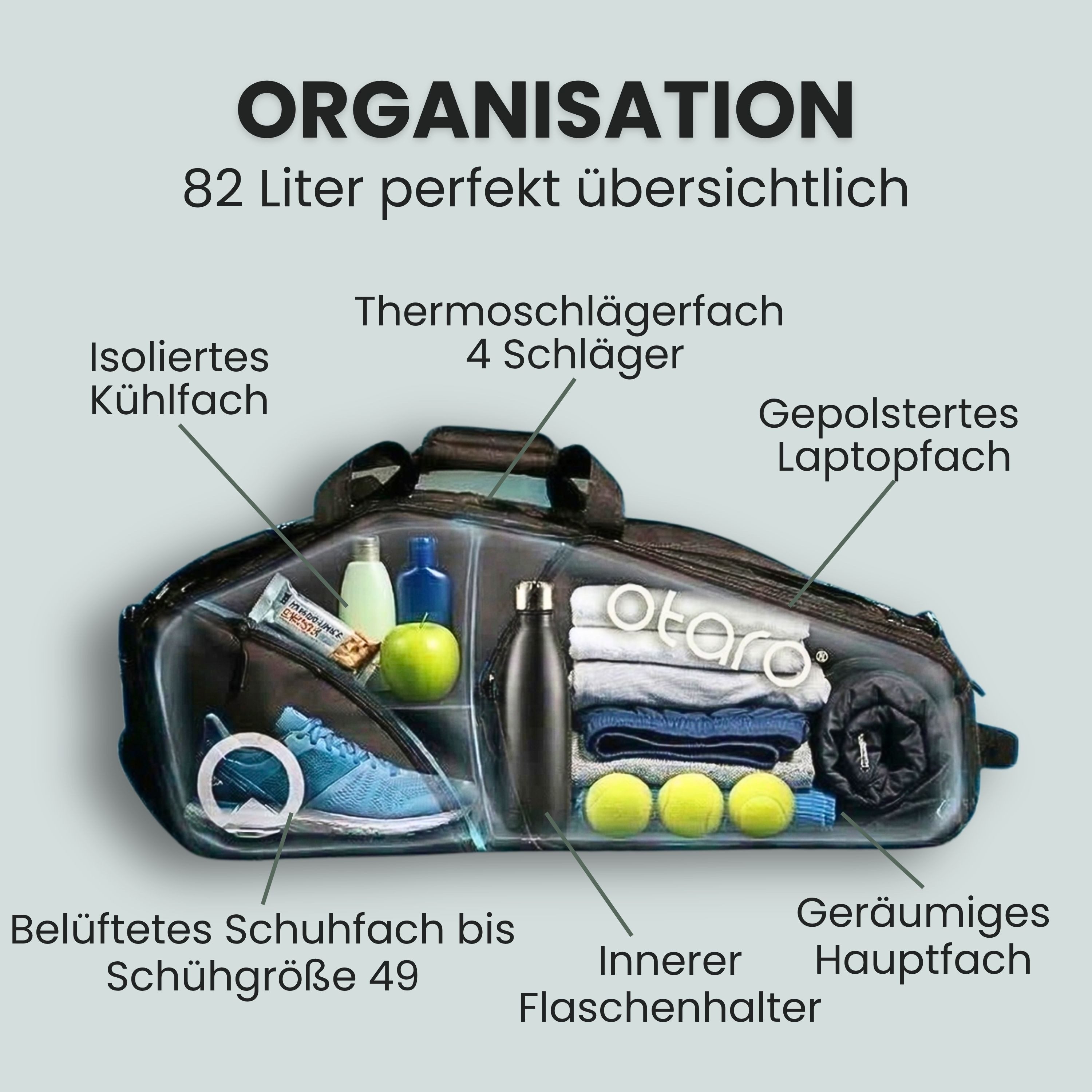Otaro Tennistasche Tennistasche Racquet Bag, 82 Liter
