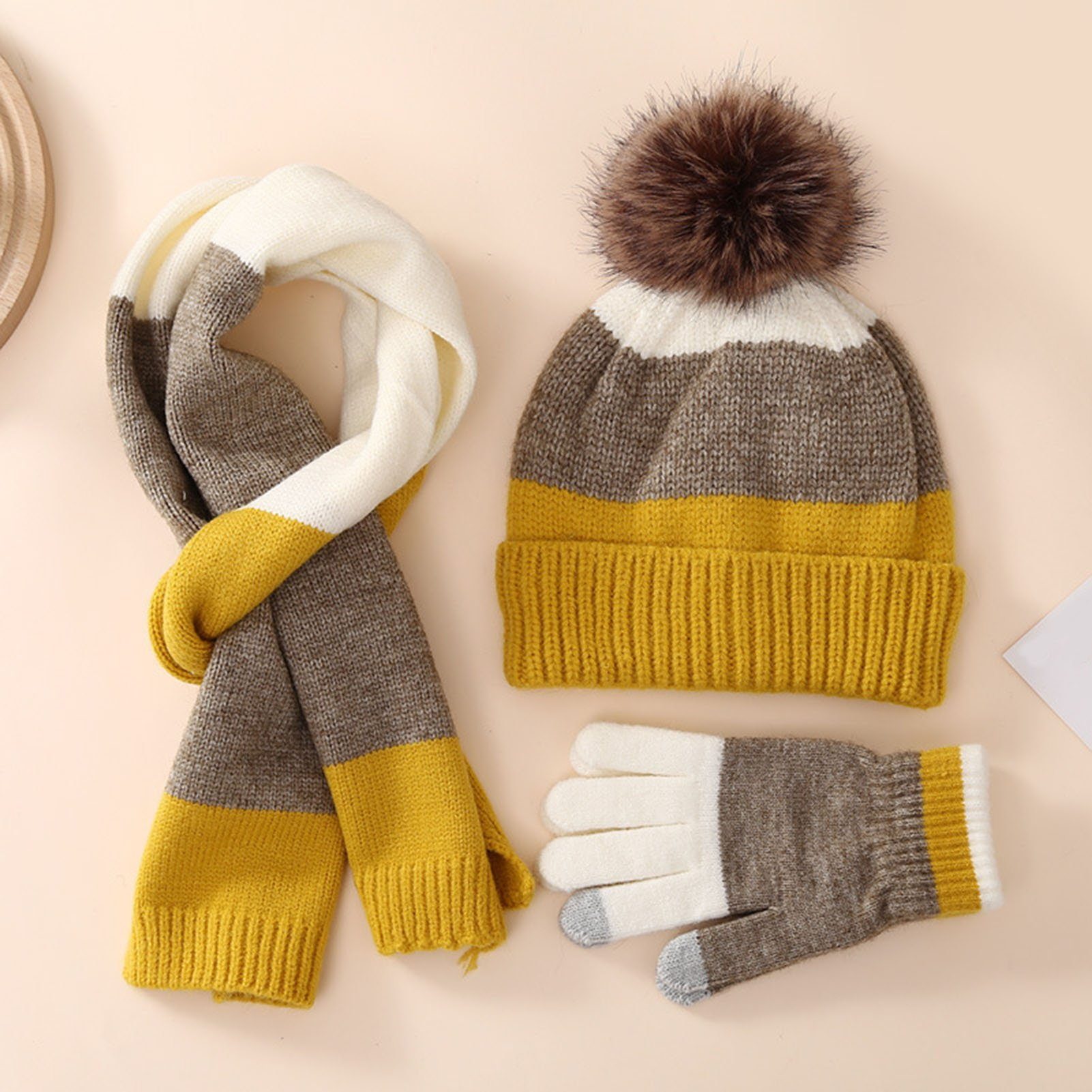 Warm Winter Schal Mädchen3-8Jahre) Wintermütze Kinder mit Schal Set Wintermütze Mütze 3in1 Rutaqian Thermo (für Mütze und & Beanie Gefüttert Strickmütze Rot Handschuhe Jungen