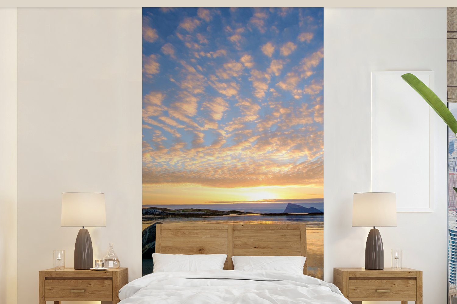 Fototapete Strand Matt, (2 Fototapete Wohnzimmer St), für Sonne bedruckt, Schlafzimmer Wolken, Küche, Vliestapete - MuchoWow -