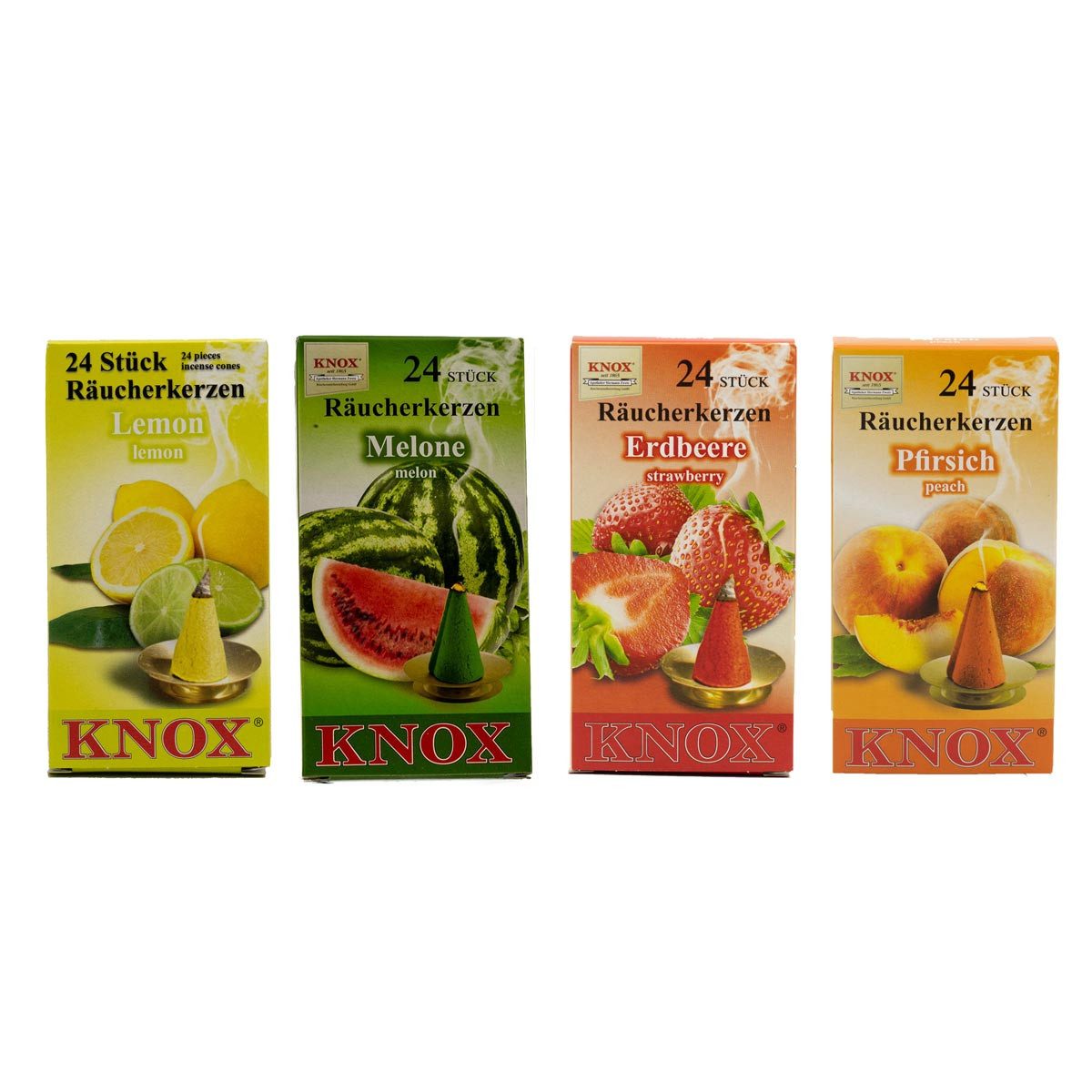 KNOX Duftkerze Sommer Mix, 4er Set, Räucherkerzen Set, Lemon, Melone Erdbeer & Pfirsich