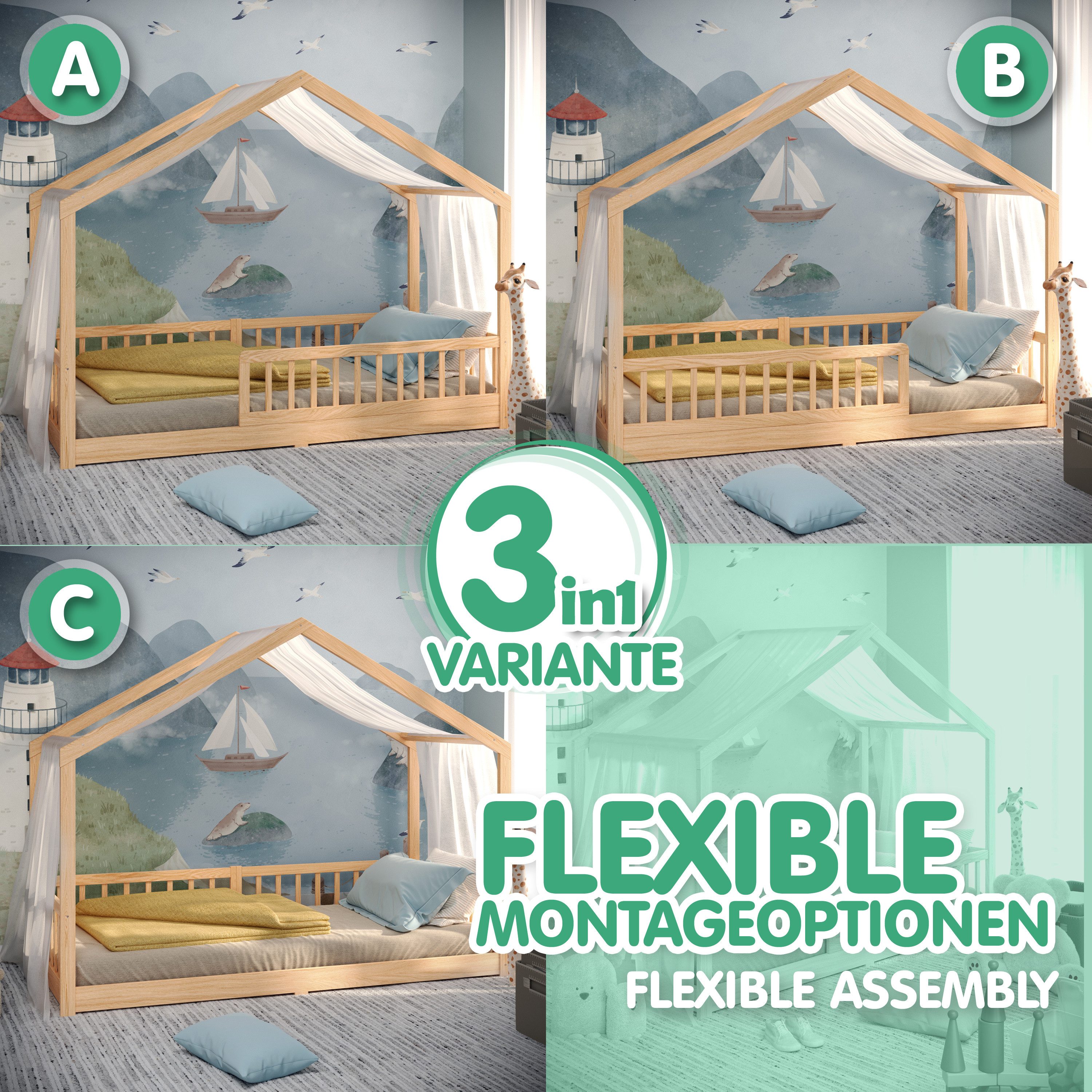 CADANI Kinderbett Malte Bodenbett Hausbett (Rausfallschutz abnehmbar), Bode günstig online kaufen