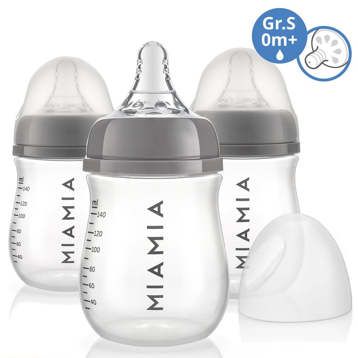 MiaMia Babyflasche PP-Flasche - Grau, 3er Pack Babyflasche 140 ml + Silikon-Trinksauger Größe S