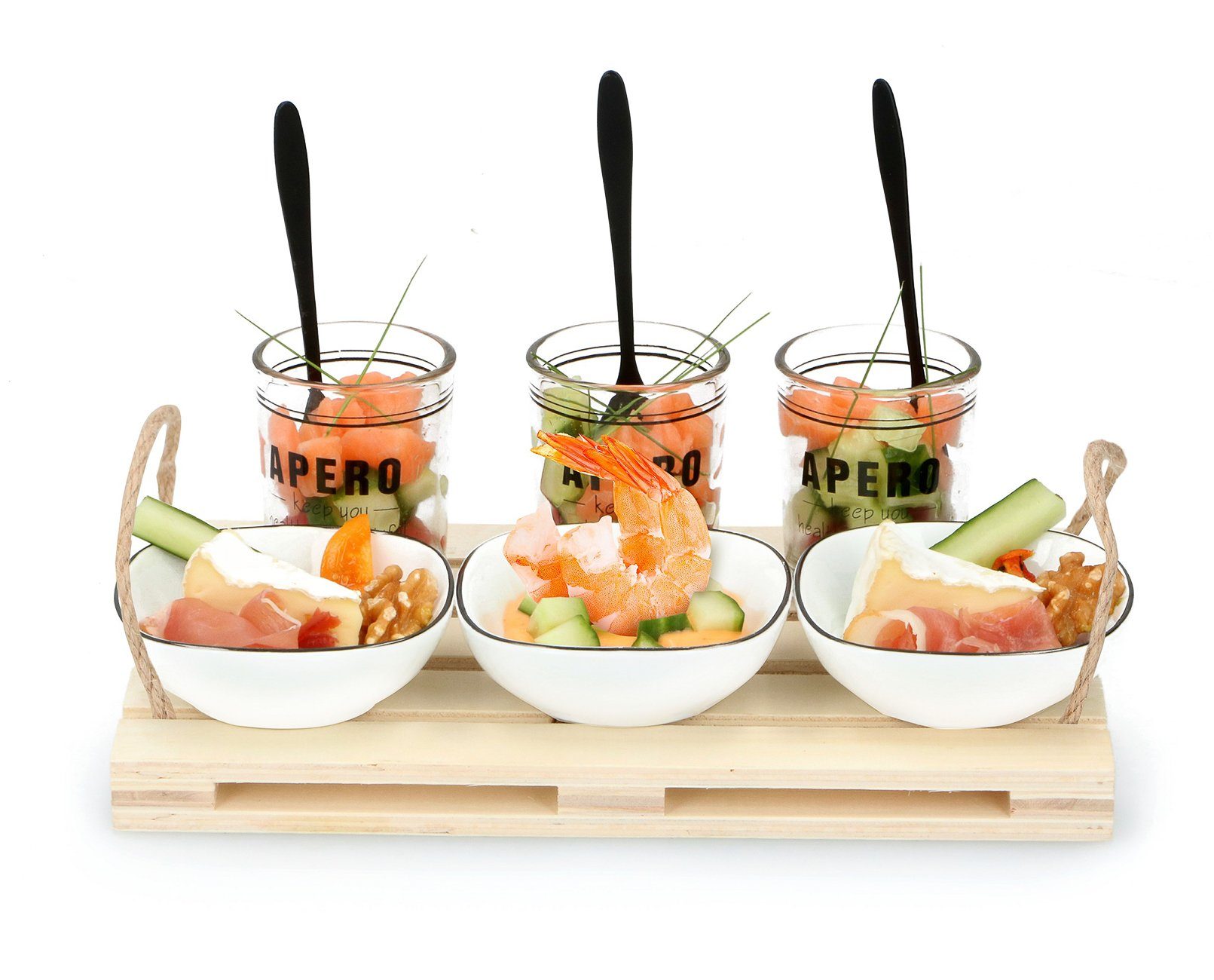 Bubble-Store Snackschale 10-teiliges Appetizer Set, Holz, Glas, Keramik, (Tablett, Schalen, Gläser), Snackschale-Set | Snackschalen