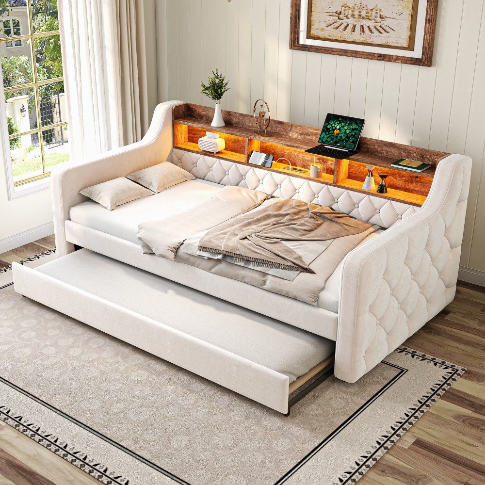 TavilaEcon Schlafsofa Platzsparendes Sofa-Bett aus Samt mit Ausziehbett, 1 Teile, mit LED-Beleuchtung, integriertem Regal und USB-C-Anschluss, Schlaf Couch