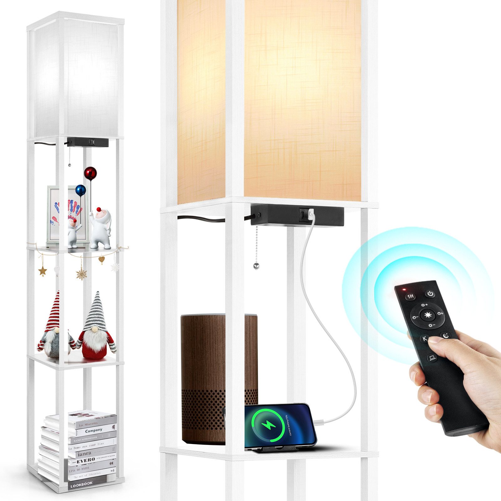 OUTON Stehlampe Regal mit Fernbedienung, 2 USB-Anschlüsse und 1H Timer, LED wechselbar, mit eleganter Holzoberfläche und weißem Leinenschirm