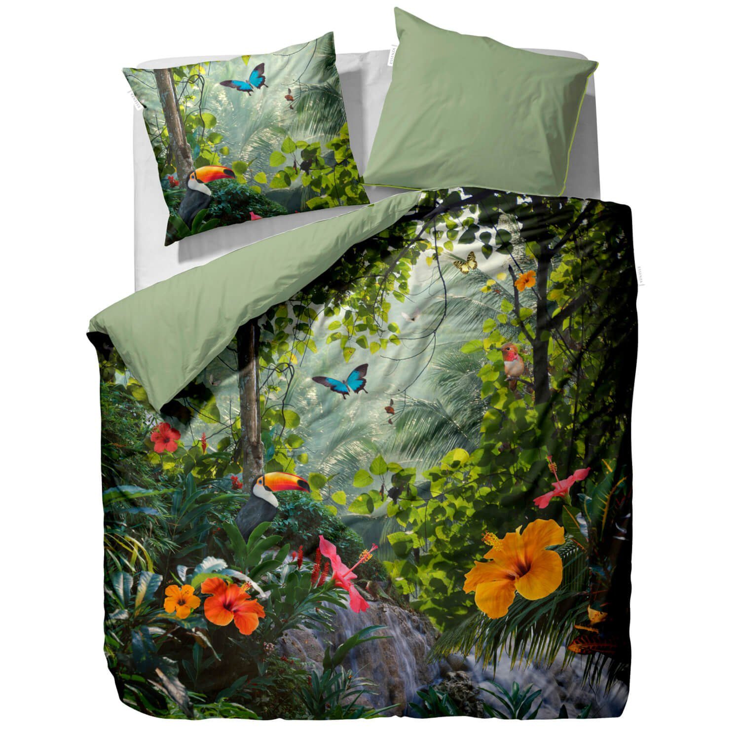 Essenza Bettwäsche Gabriel grün, Satin, 3 teilig, Schmetterlinge, Vögel, Ds günstig online kaufen