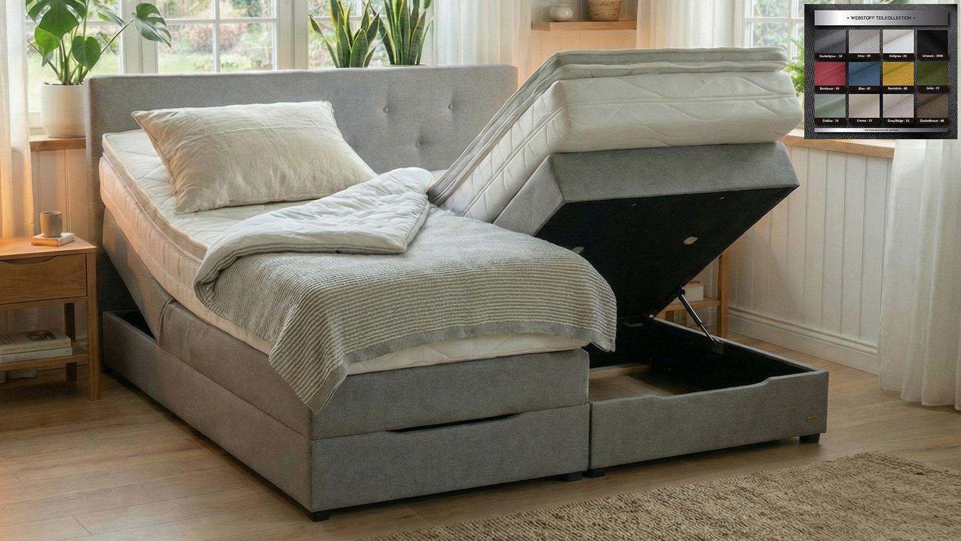 PAARA Boxspringbett Rio mit Bettkasten Kopfteil verstellbar Stauraum, inkl. Matratze und Topper, mit einzigartigem Belüftungssystem