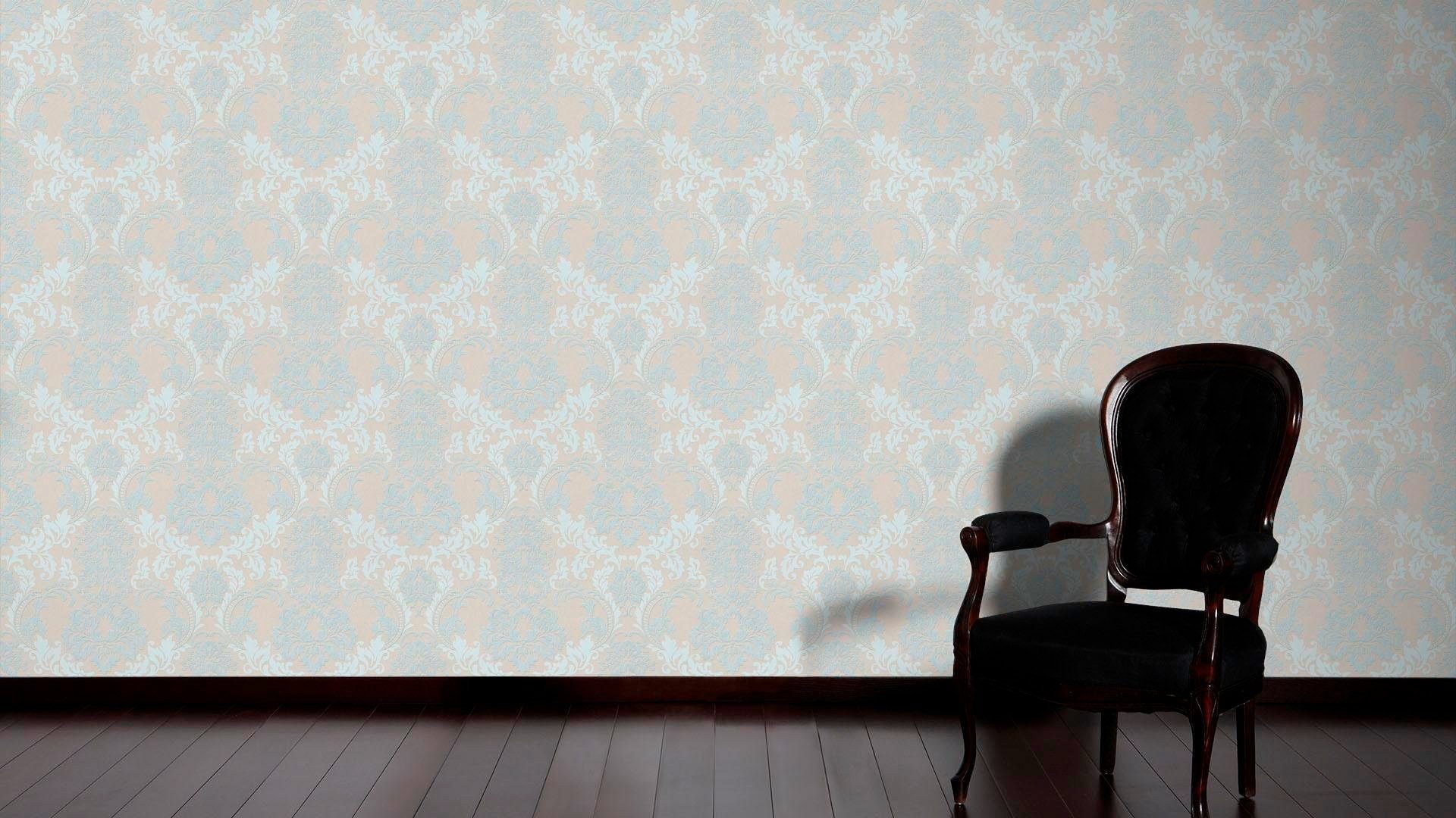 Bricoflor Neobarock Tapete Beige Hellblau Barock Vliestapete mit Glitzer Ef günstig online kaufen