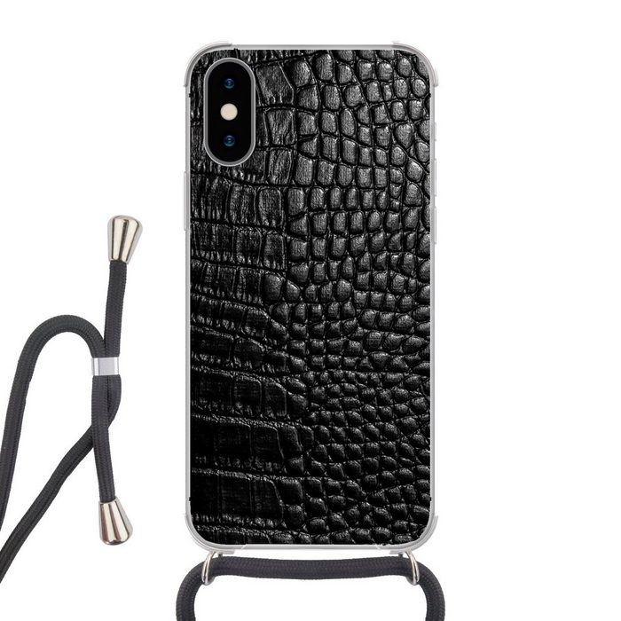 MuchoWow Handyhülle Leder - Strukturiert - Schwarz - Grau Handyhülle Telefonhülle Apple iPhone Xs