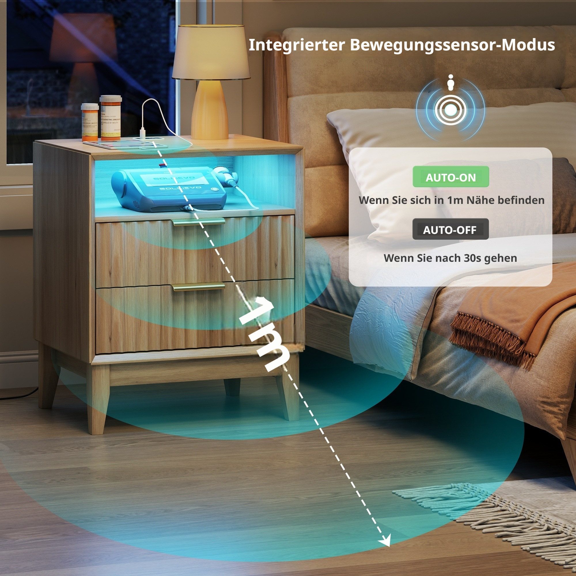 LVSOMT Nachttisch im Mid-Century-Modern-Stil, mit Ladestation und LED-Beleuchtung (1-St), versteckte Schublade mit RFID-Schloss & offenes Ablagefach – Bild 5 von 5