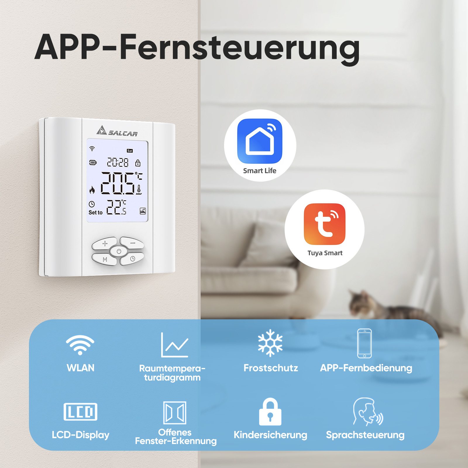 Salcar Raumthermostat Smart Thermostat WLAN Heizungsthermostat mit Luftfeuchtigkei, Programmierbar Wandthermostat Fussbodenheizung Wasser