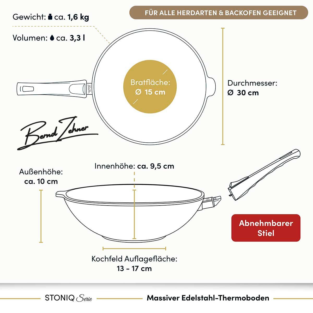 Hoffmann Germany Wok Hoffmann STONIQ Wokpfanne Ø 30 cm IQ-SHIELD Bernd Zehner mit Deckel, Aluguss (Set, 2-tlg., 1x Wokpfanne Ø 30 cm + 1x Glasdeckel), Bernd Zeh – Bild 5 von 5