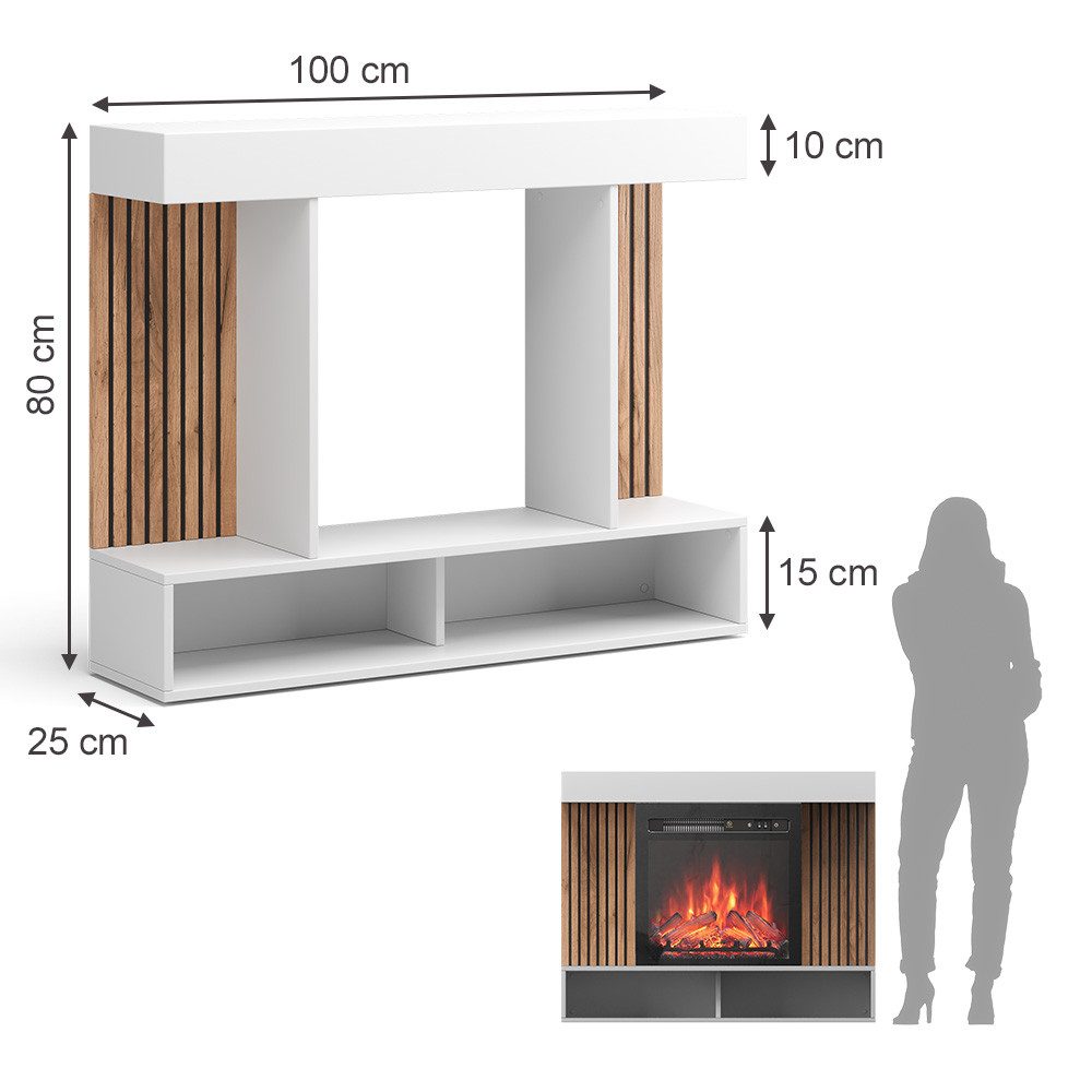 Vicco Kaminumbauschrank Lynea, Weiß, 100 cm mit realistischem Flammeneffekt und Heizung 1800W (1-St)