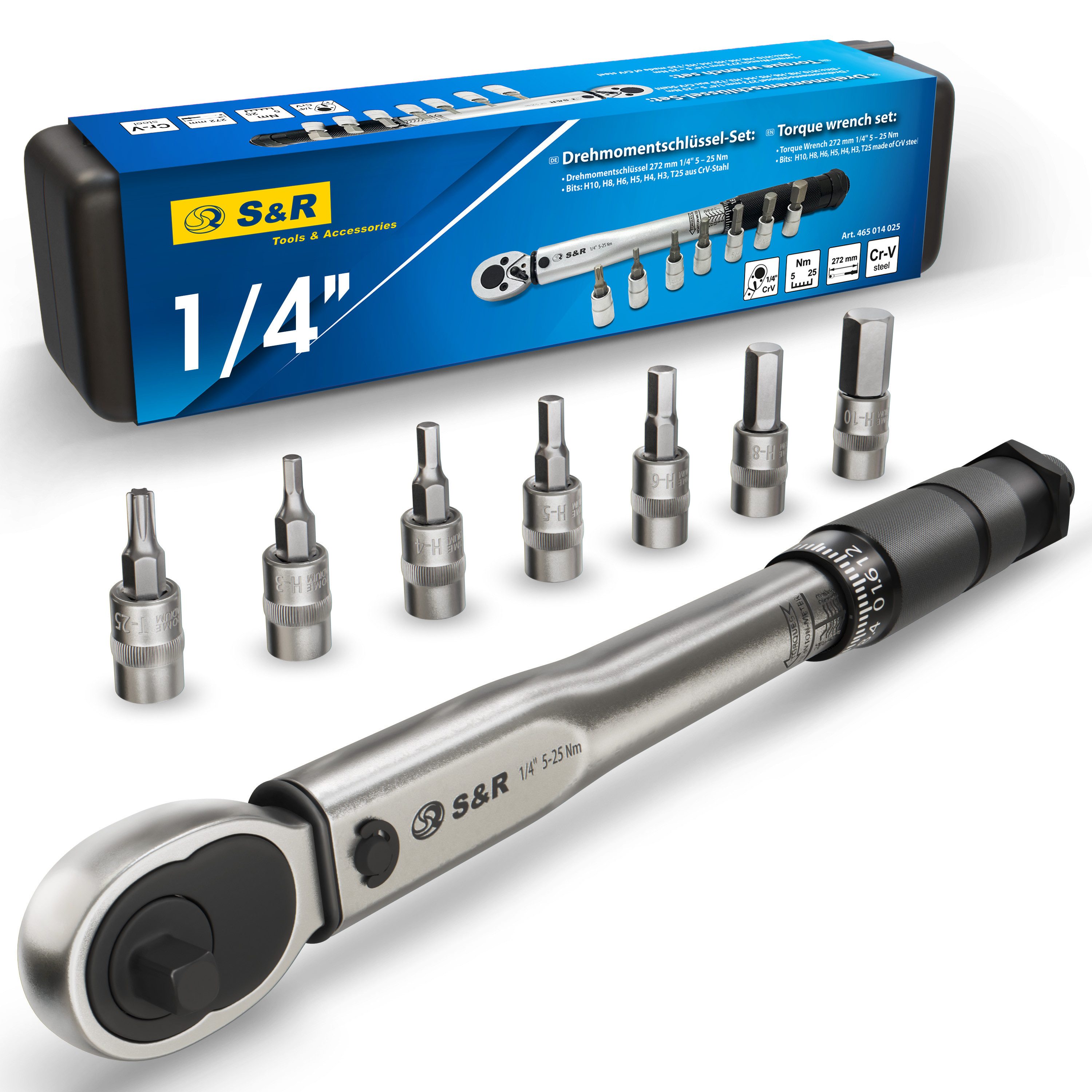 Drehmomentschlüssel Set 1/4", 272 mm, 5 - 25 Nm mit 7 Bits, aus CrV-Stahl, bruchfest