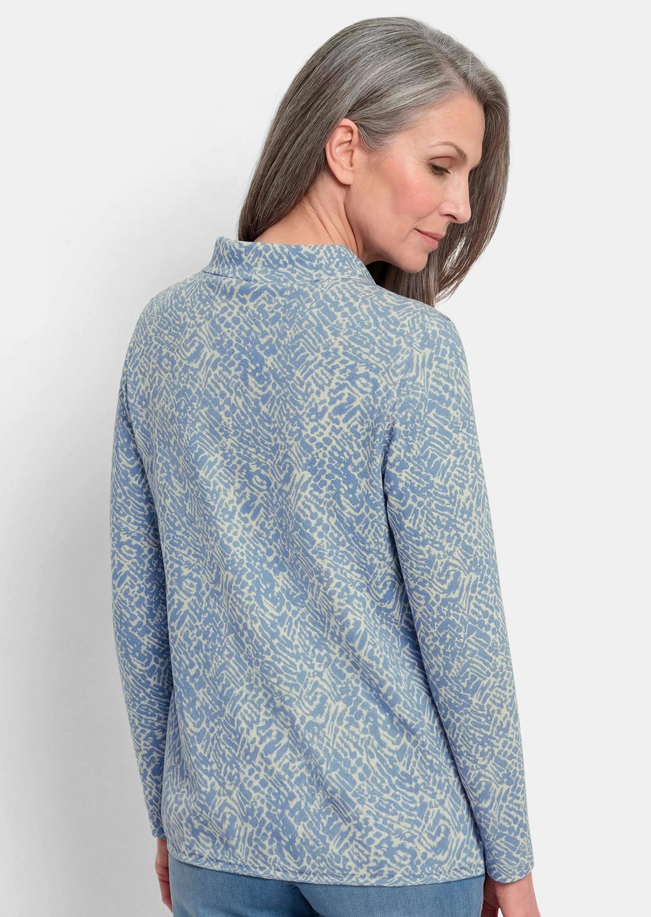 GOLDNER Sweatshirt Sweater mit grafischem Druck Flauschiges Sweatshirt mit Stehkragen, Kordelstoppern und Gummizug