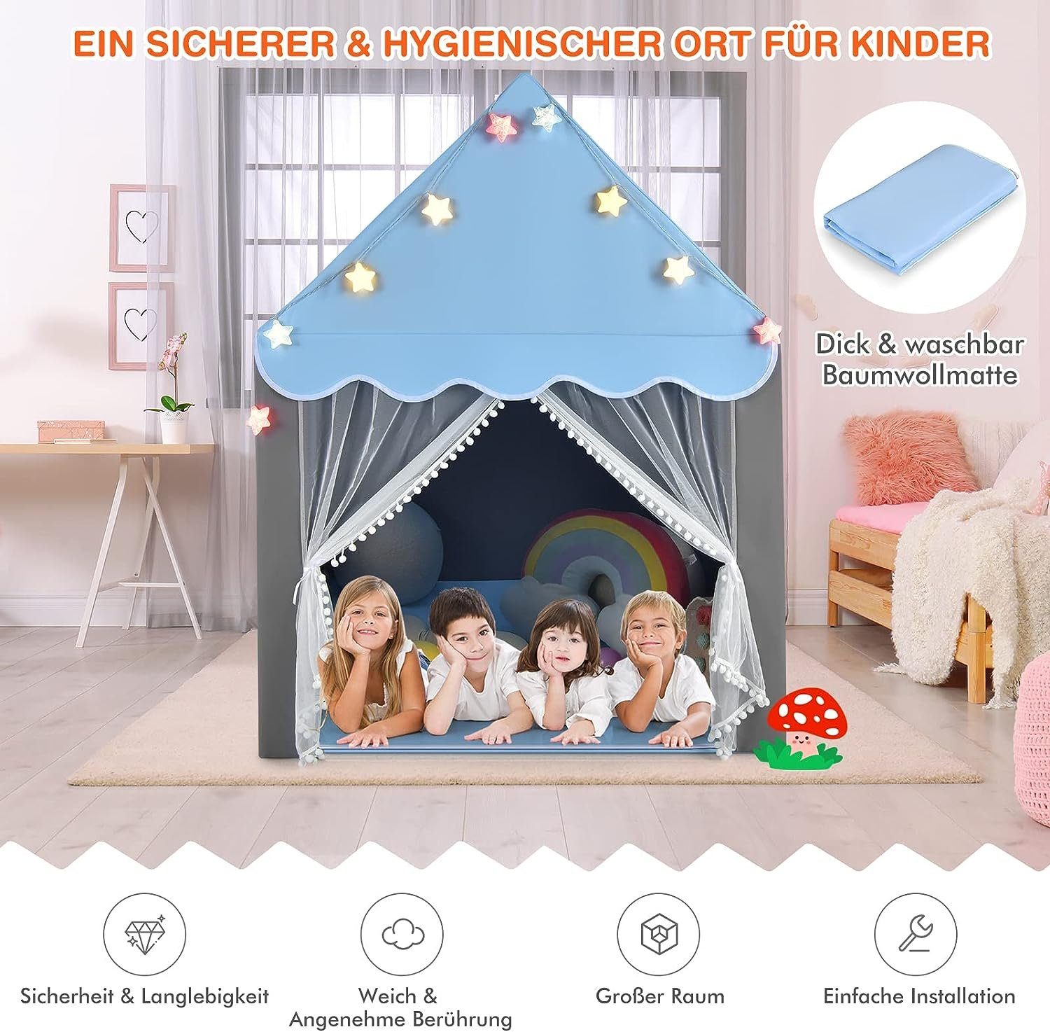 KOMFOTTEU Spielzelt Kinderhauszelt mit Netzfenster, für Kinder ab 3 Jahren – Bild 4 von 5