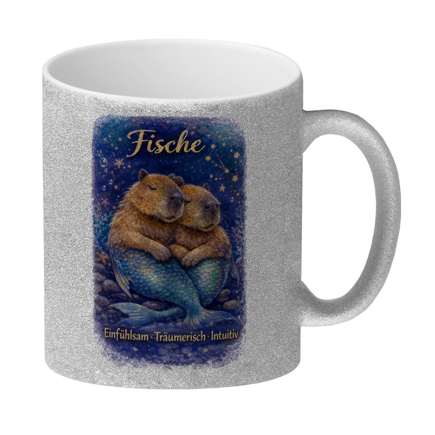 speecheese Tasse Fisch Sternzeichen Cabybara Glitzer-Kaffeebecher für Astrologie Fans