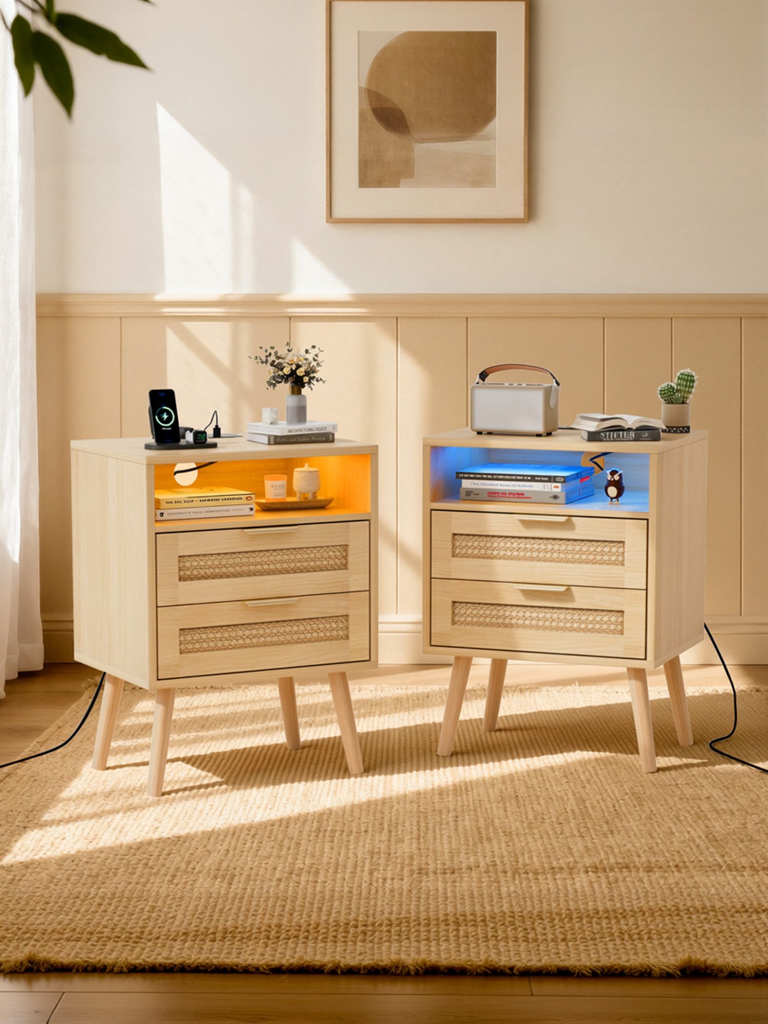 FiveWillowise Nachttisch 2er Set, Rattan Nachttisch mit LED-Leuchten und Steckdosen (2-St), Nachtschrank mit Offenem Raum und 2 Rattanflechtung Schubladen