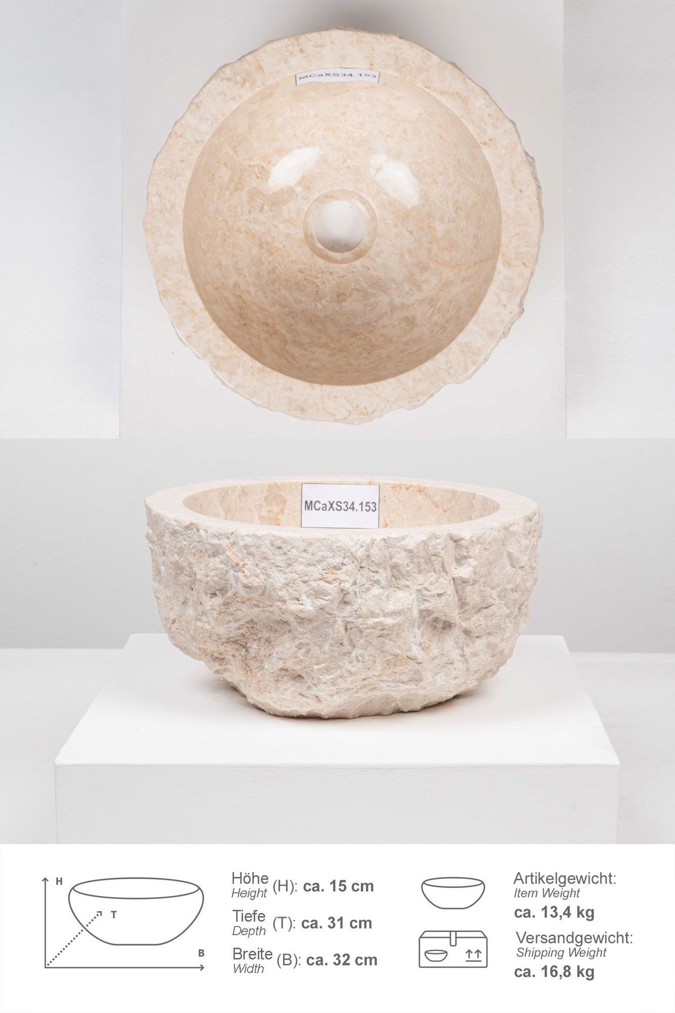 wohnfreuden Aufsatzwaschbecken Erosi Marmor Раковины 30 cm creme (Kein Set), 101659_MCaXS34.153