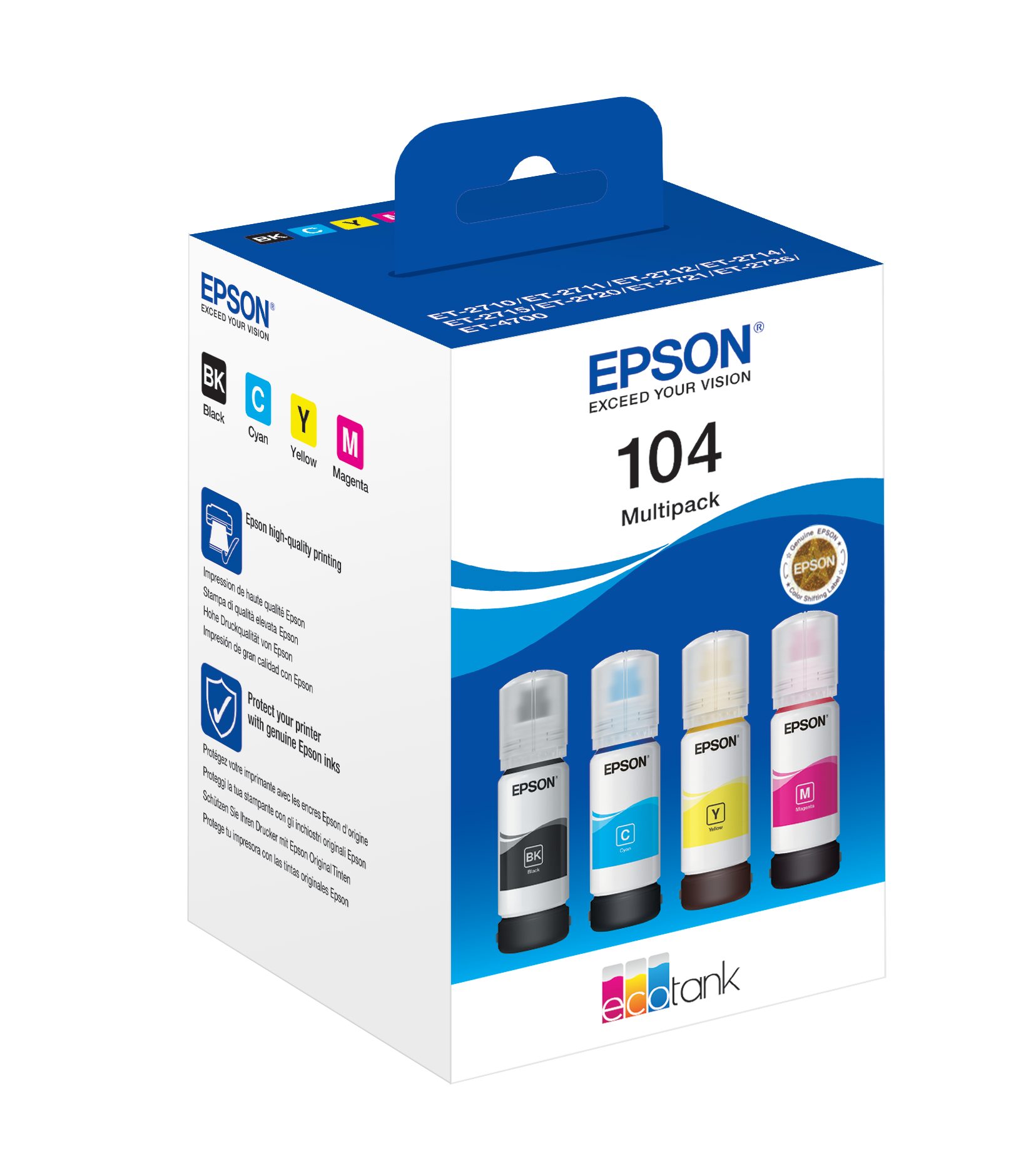 Epson 104 EcoTank 4-colour MultiPack Tintenflasche Tintenpatrone (Multipack, 4-tlg., Original 104 EcoTank 4-colour MultiPack, Schwarz, Cyan, Magenta, Gelb)