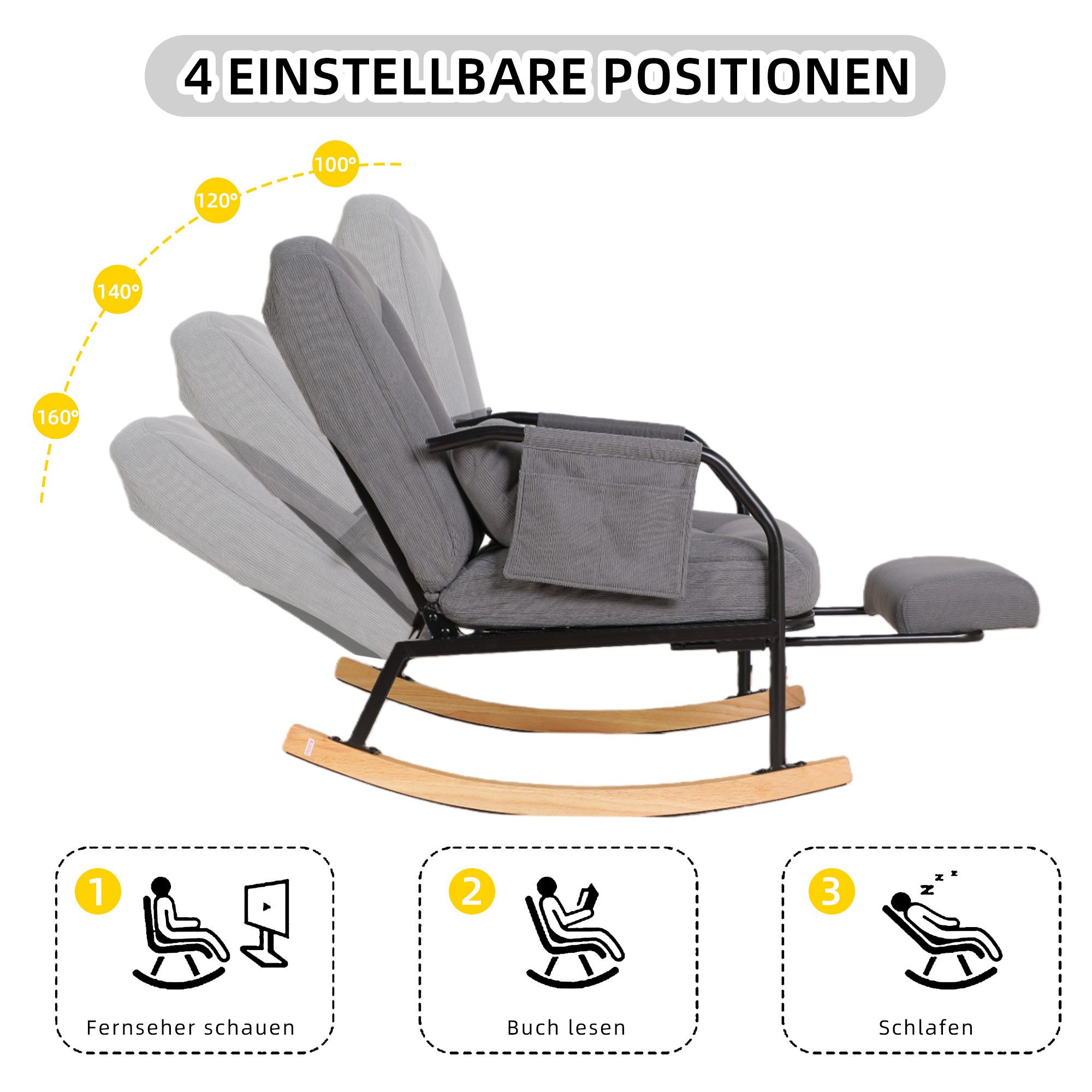 Leawin Schaukelstuhl Leawin großer Schaukelstuhl mit Liegefunktion & Fußstütze, Verstellbarer Relax-Schaukelstuhl mit breitem Sitz & Kissen