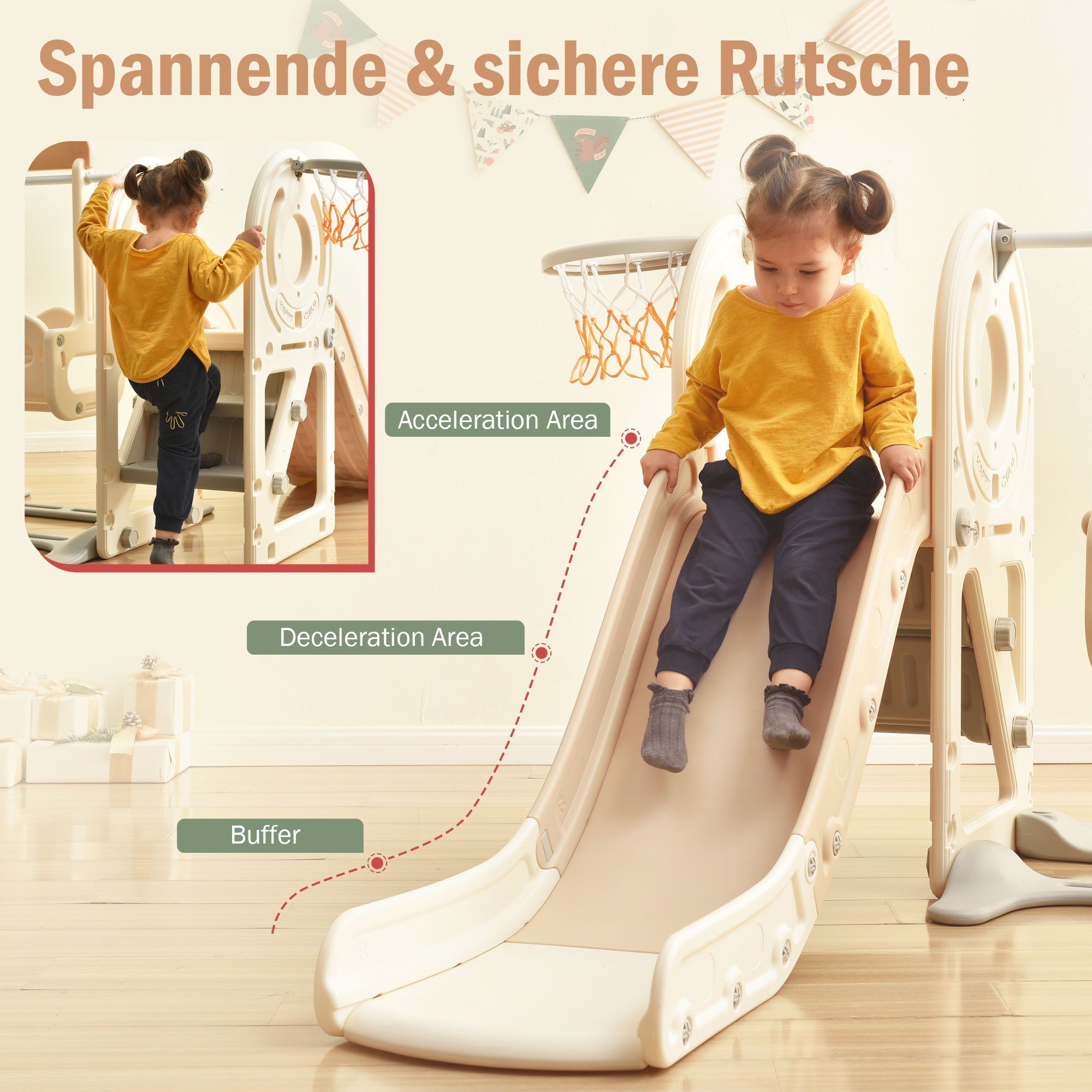 BlingBin Indoor-Rutsche 4-in-1-Kinderrutsche, (1-tlg., Für Rutsche, Aktivitätsleiter, Basketballkorb, in Bus, Verwendung Innenräumen), rosa passendem die Basketball