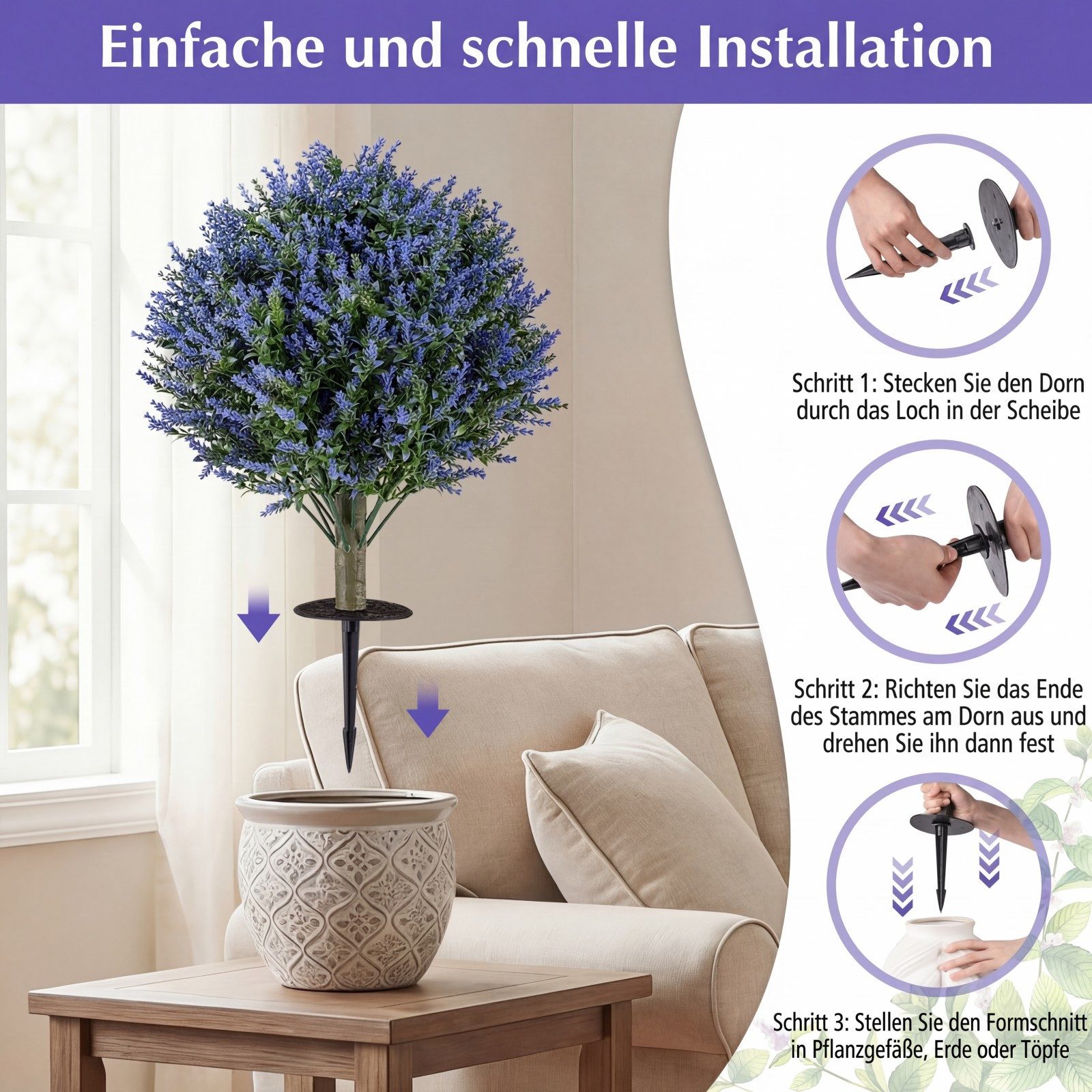 Kunstpflanze Lavendel, COSTWAY, Höhe 60 cm, Länge des Erdspießes: 16 cm