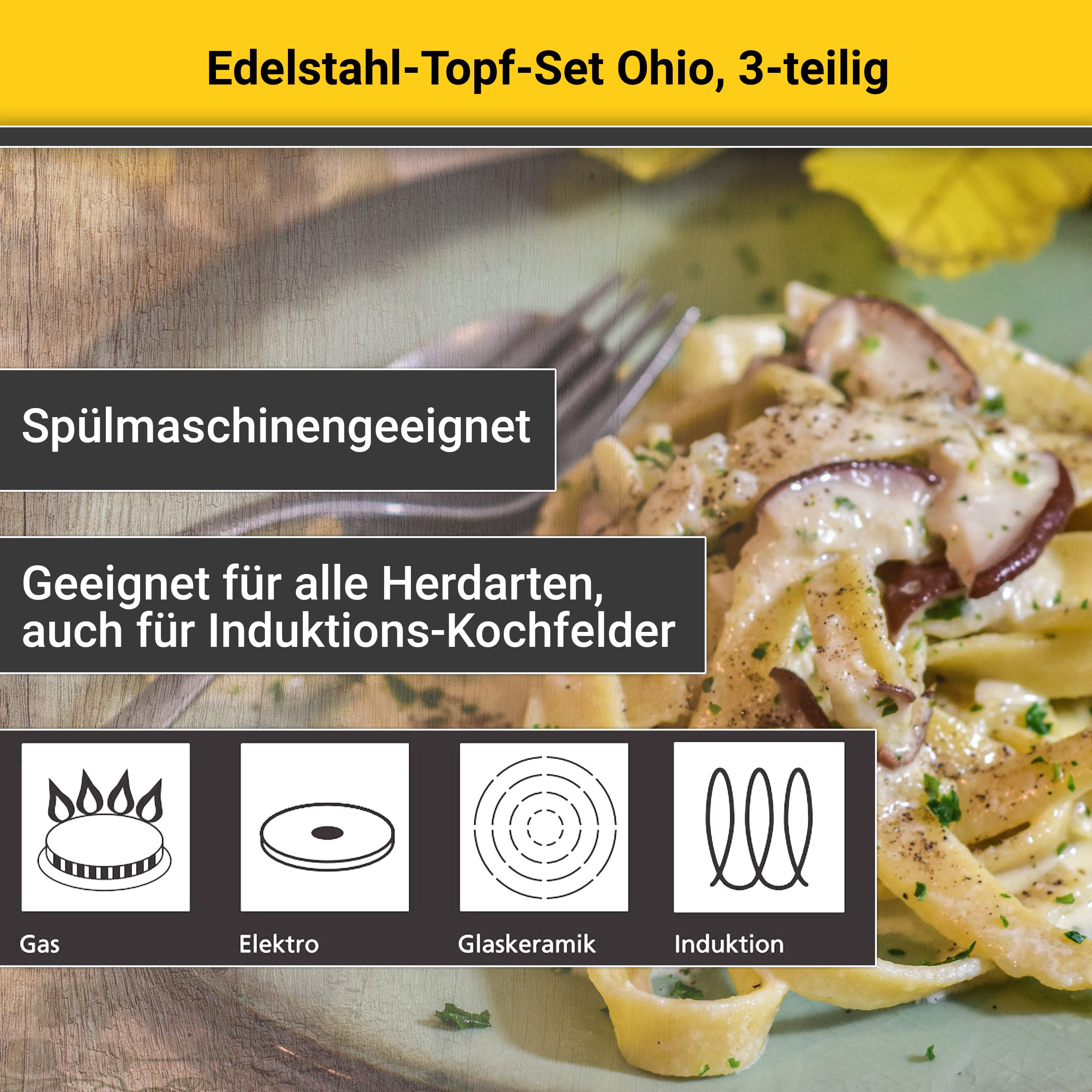 Krüger Topf-Set Ohio, Edelstahl (Set, 5-tlg., 1x Bratentopf Ø 20 cm, 1x Fleischtopf Ø 16 cm, 1x Stieltopf Ø 16 cm), für Induktions-Kochfelder geeignet