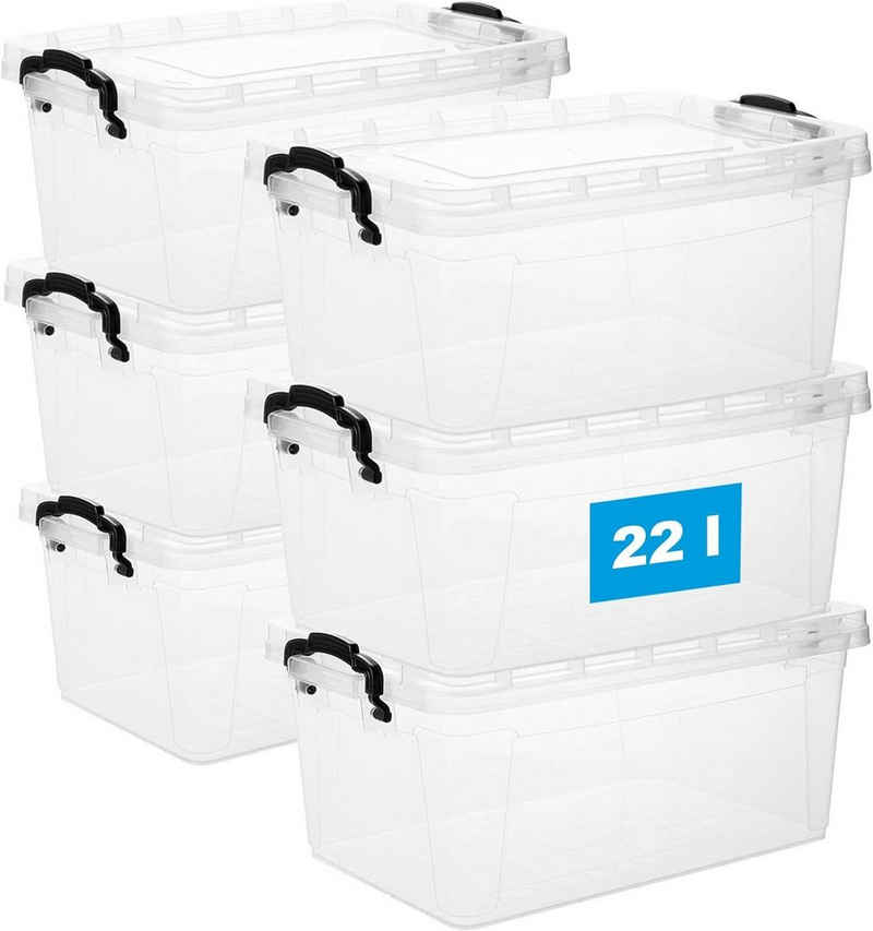 Centi Stapelbox Aufbewahrungsbox mit Deckel und Griff, 22 Liter (6er Set Boxen mit Deckel 22 Liter), lebensmittelecht, transparent – Ideal für Küche & Haushalt