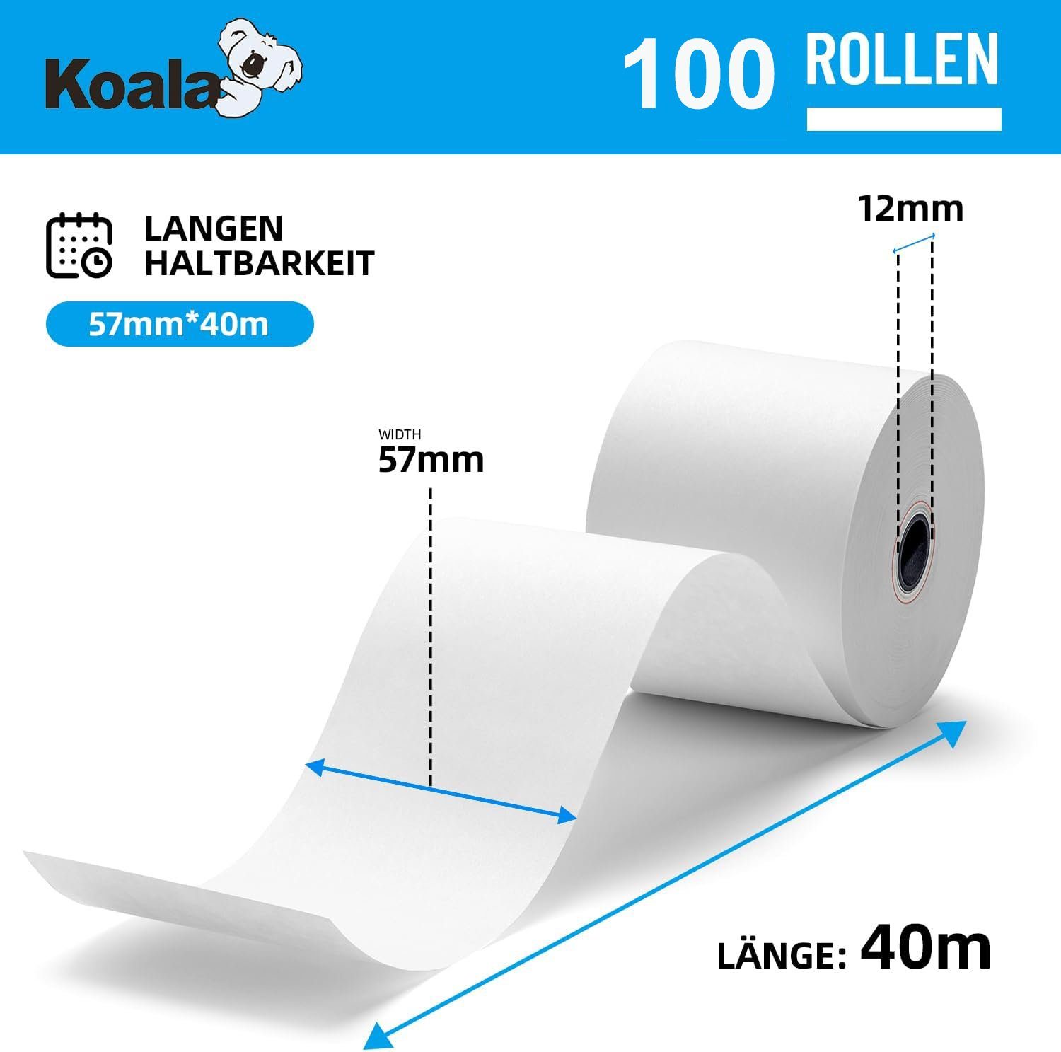 100 für 40 Thermopapier Rollen Drucker Bonrolle Etikettenpapier x 57 Koala Kassen, mm