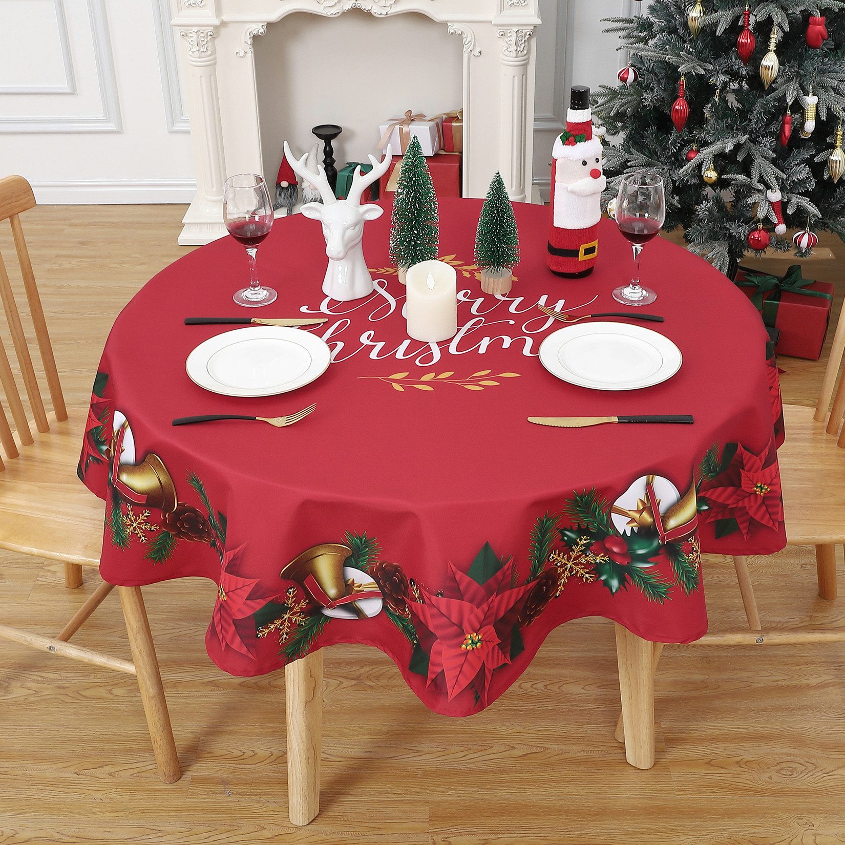 GarveeMore Tischdecke Weihnachts-Tischdecke mit Kranz-Motiv, 180g/m² Oxford-Polyester, wasserabweisend, waschbar, Elegantes Weihnachtskranz-Motiv in Rostfarbe