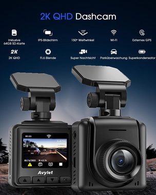 Avylet Dashcam Auto WiFi 2K, Mini Vorne Autokamera Unterstützt externes GPS Dashcam (WLAN (Wi-Fi), APP,IPS-Bildschirm,Bewegungserkennung,G-Sensor, Ultra Nachtsicht,170°Weitwinkel,WDR,24 Std.Parkmodus)