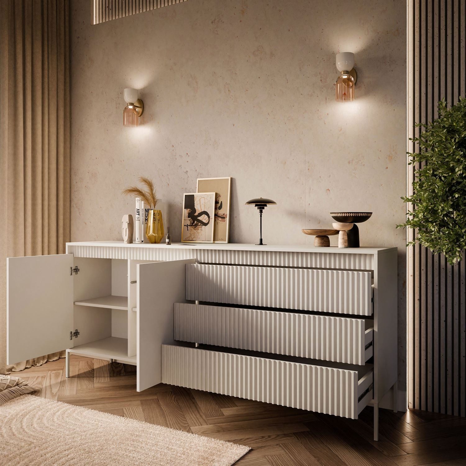 ALLHOUSE24 Kommode SENS 187 Sideboard mit 2 Türen, 3 Schubladen gefrästen Fronten (1x Kommode), Breite 187,1 cm