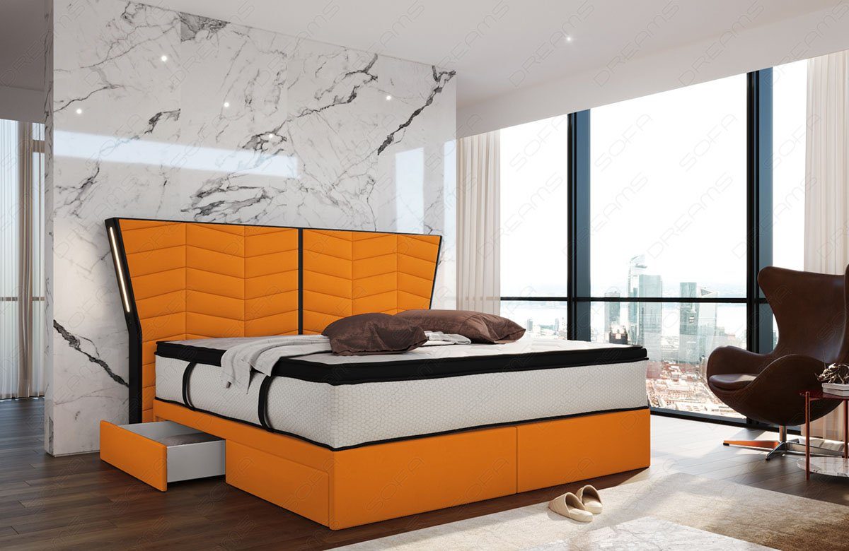 Topper, orange-schwarz Sofa Matratze, LED-RGB-Licht, Dreams - Boxspringbett Microfaser, mit Fernbedienung Novara