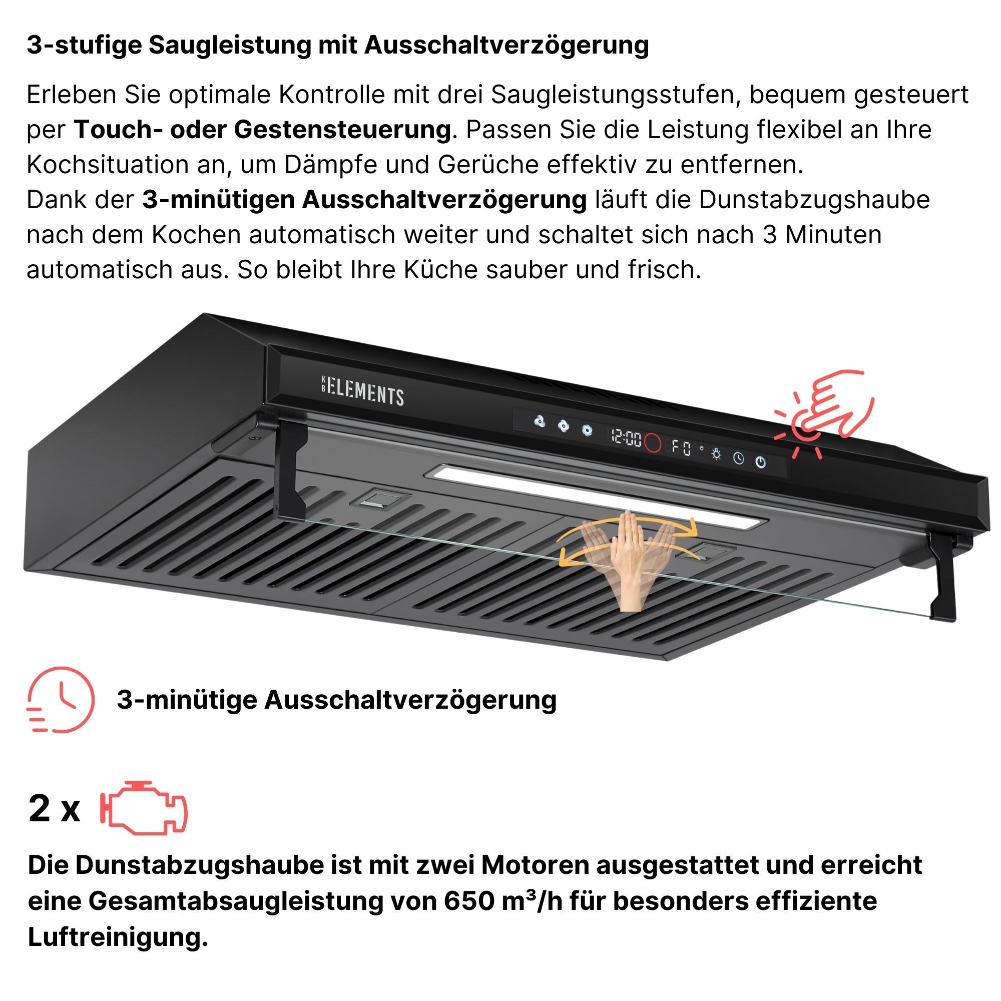 KB Elements Unterbauhaube Doppelter motor 2 x 80 Watt, 650 m³/h Absaugleistung Doppelter motor 2 x 80 Watt, 650 m³/h Absaugleistung, Doppelter motor, Touch / Gestensteuerung
