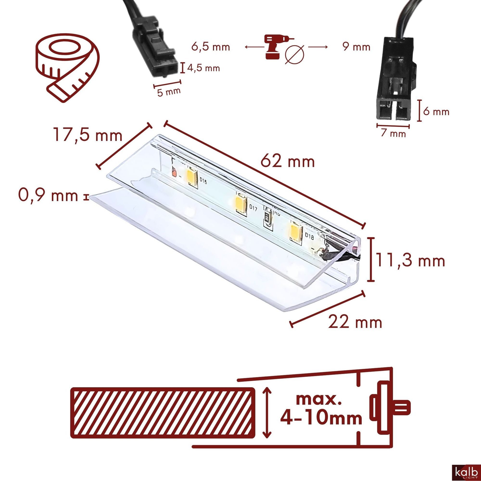 kalb LED Glaskantenbeleuchtung LED Glaskantenbeleuchtung Clip Set 3000K/5000K Transparent Plug & Play, 2er Set warmweiß – Bild 5 von 5