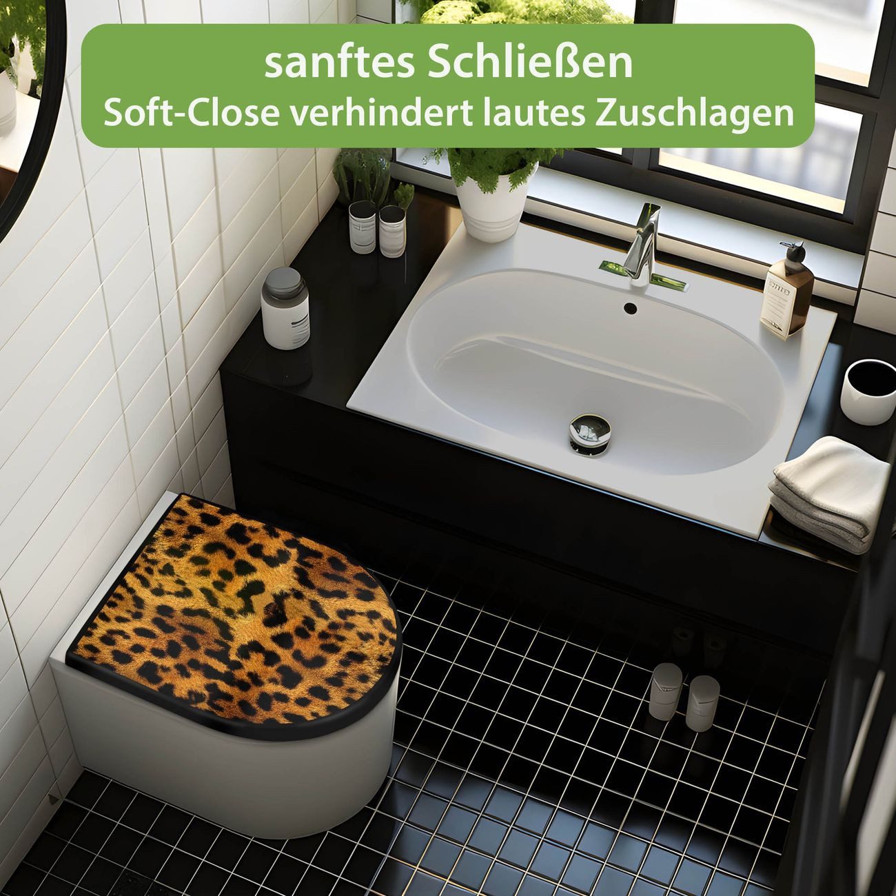 banjado WC-Sitz Premium D-Form mit Absenkautomatik Motiv Leopard (umweltfreundliches Material, Softclose Absenkautomatik), 45 x 36,4 x 4
