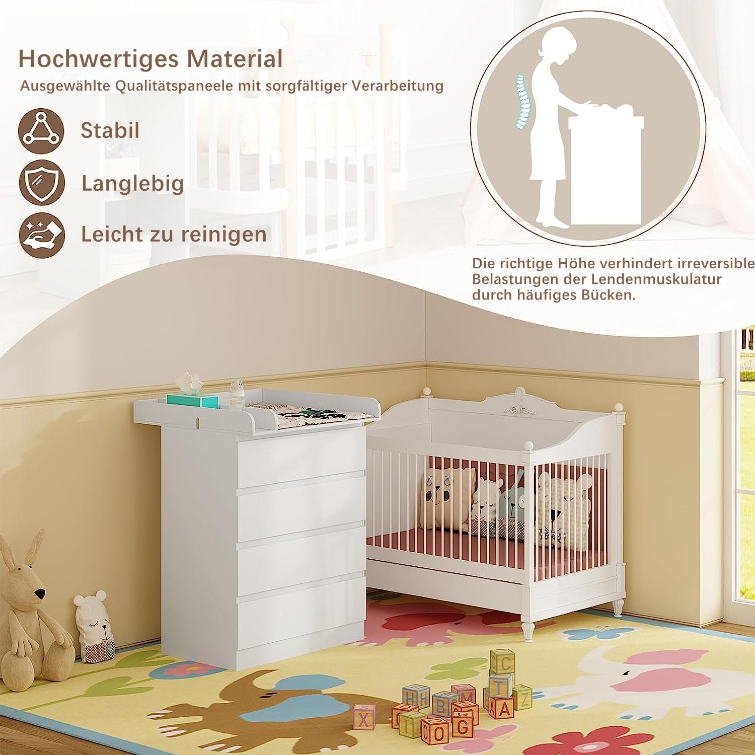 Woltu Wickelkommode, mit abnehmbarer Wickelsatz mit 4 Schubladen Weiß