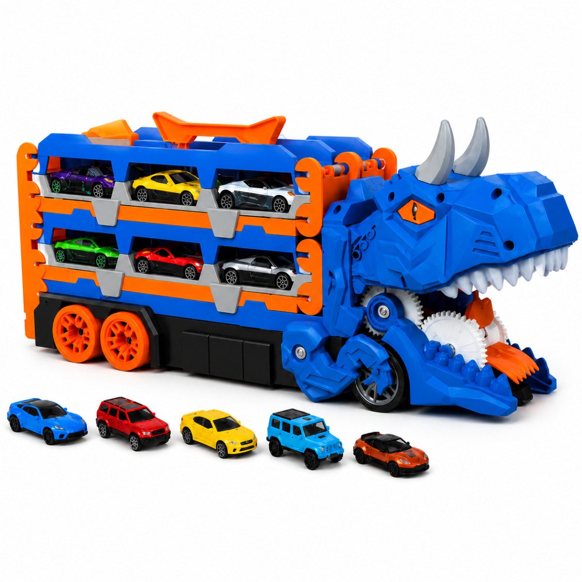 R2 Invest Spielzeug-Auto Dinosaurier Autotransporter mit Garage Abschussrampe und 6 Metallautos