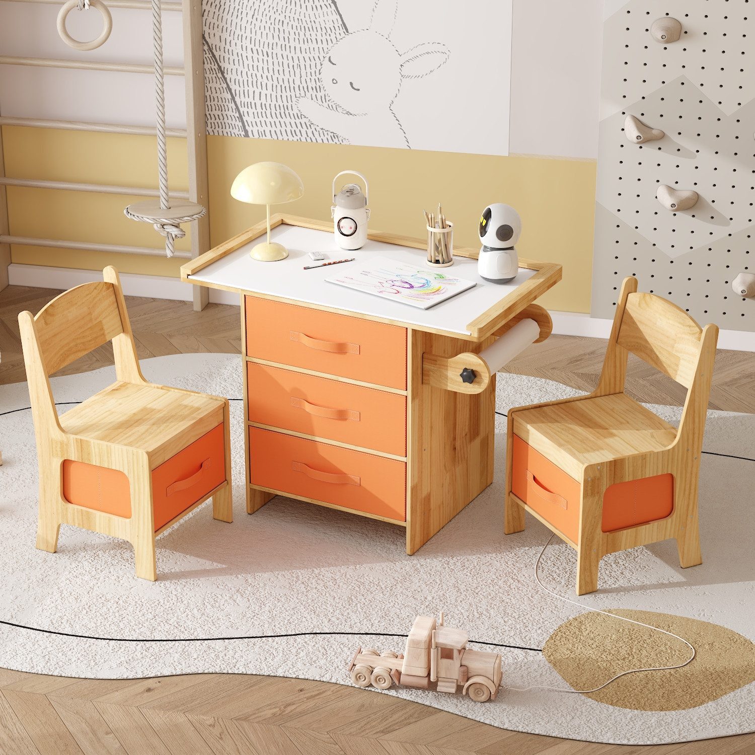 FUFU&GAGA Kindersitzgruppe Kinderspieltisch mit Stühlen, Natur+Orange, Massivholz