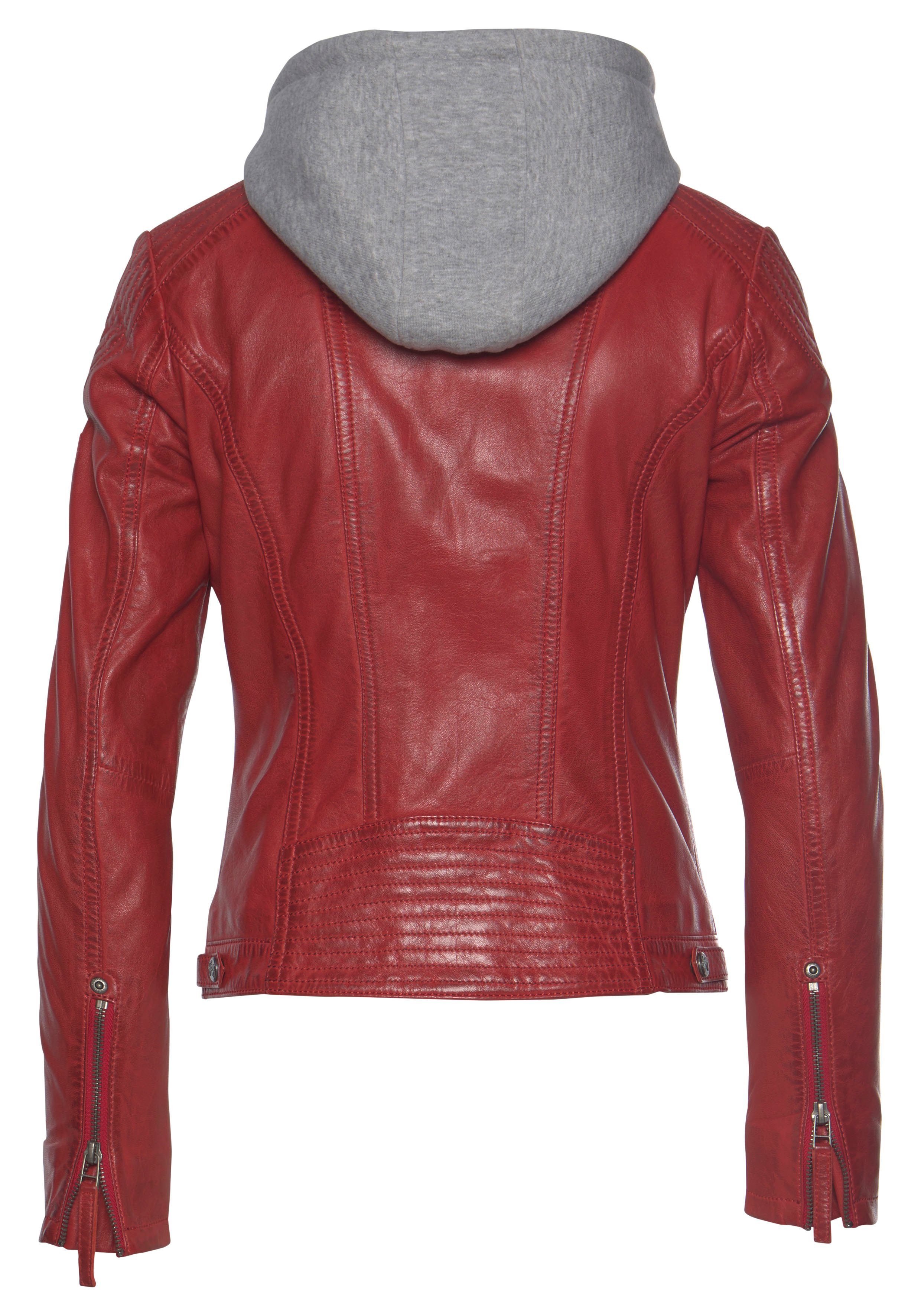 Gipsy Lederjacke Junja mit abnehmbarem red Biker-Details Kapuzen-Einsatz aufwendigen und