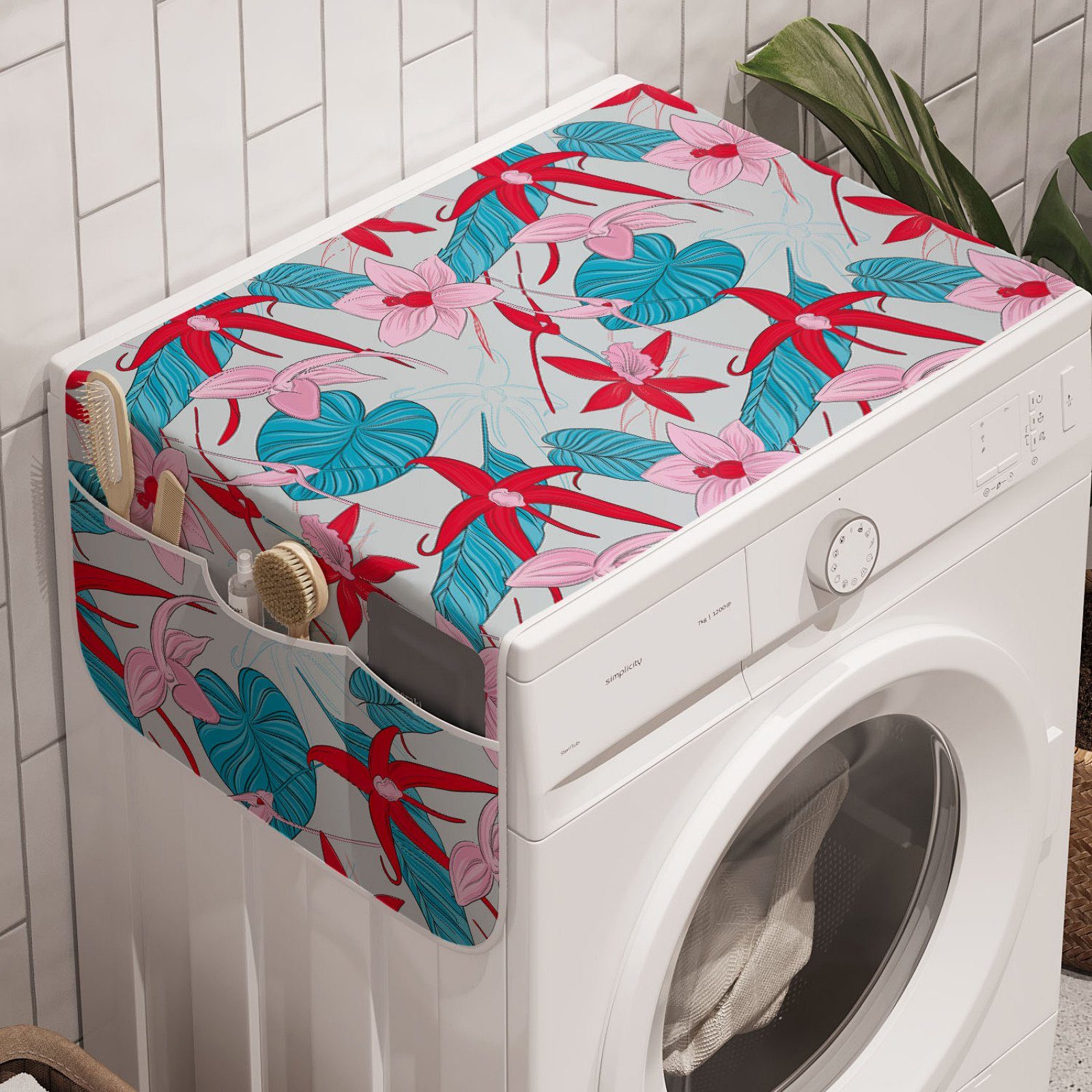 Abakuhaus Badorganizer Anti-Rutsch-Stoffabdeckung für Waschmaschine und Trockner, Natur Detaillierte Orchideen und Blätter