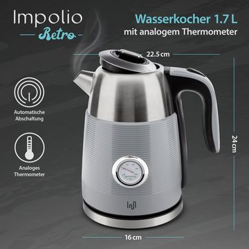Impolio Wasser-/Teekocher Edelstahl Wasserkocher 1,7L mit Analog-Thermometer, Grau, 2200 W