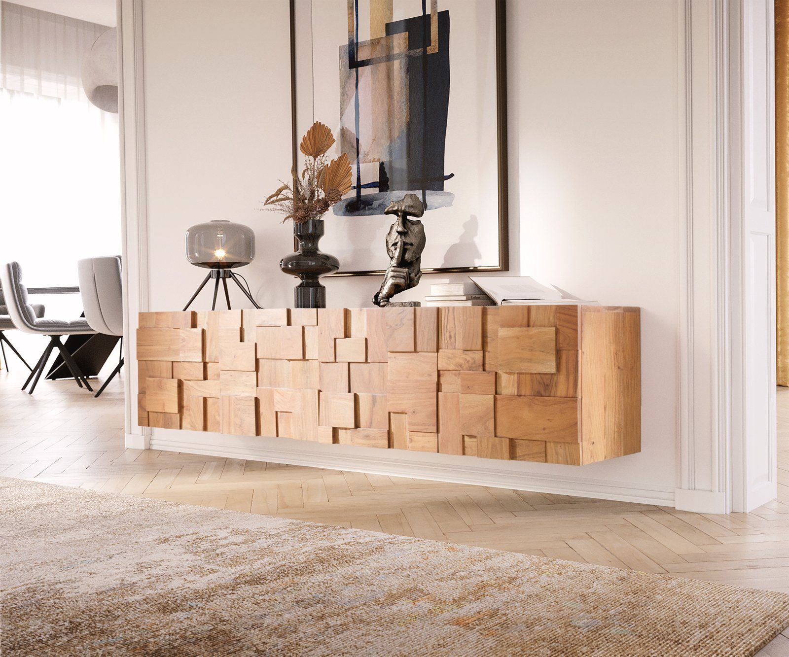 DELIFE Lowboard Puzzle, Akazie Natur 175 cm 4 Türen schwebend Lowboard günstig online kaufen