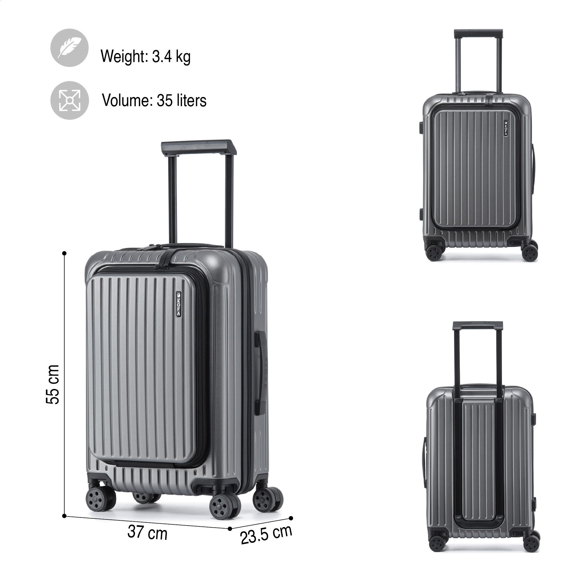 KOFA Handgepäckkoffer MUNICH, 55cm Laptopfach 100% Polycarbonat-Hartschale, 4 Rollen, TSA Schloss