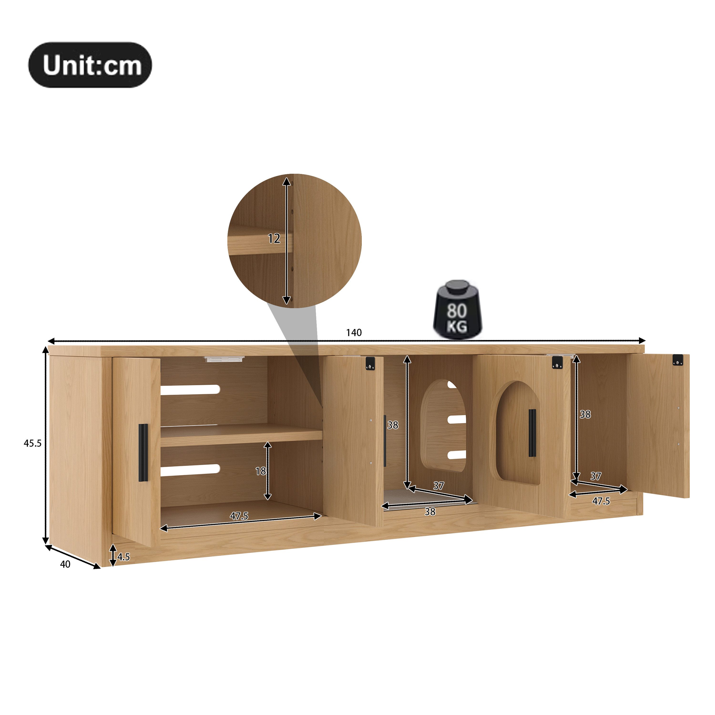 Flieks Lowboard Katzenschrank mit Tierhaus (1 St., 140x40x45,5 cm), Tiermöbel mit Kratzbaum und verstellbaren Einlegeböden Holzschrank – Bild 4 von 5