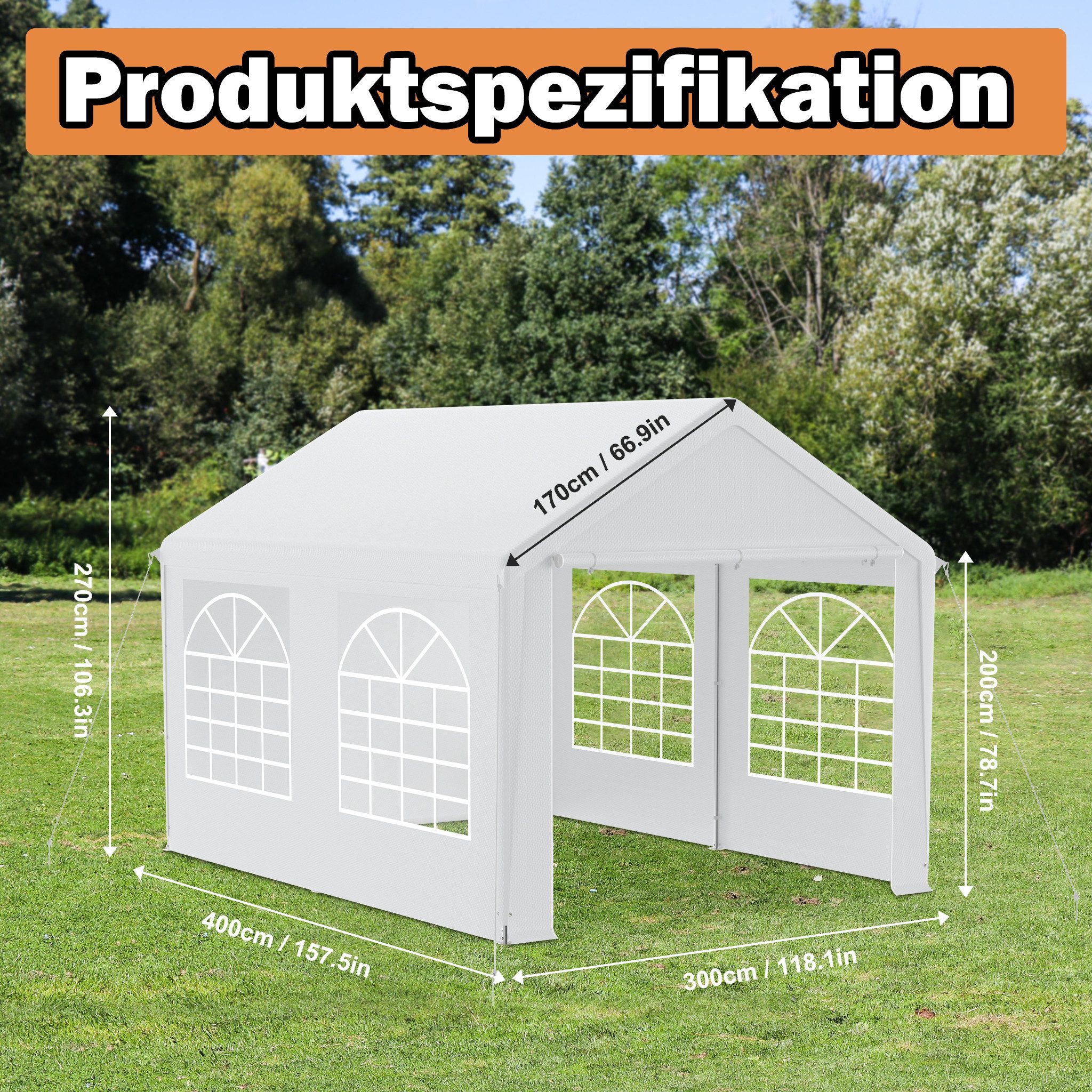 FIVMEN Partyzelt Garten Pavillon mit 4 abnehmbaren Seitenteilen, Grau/Weiß – Bild 2 von 5