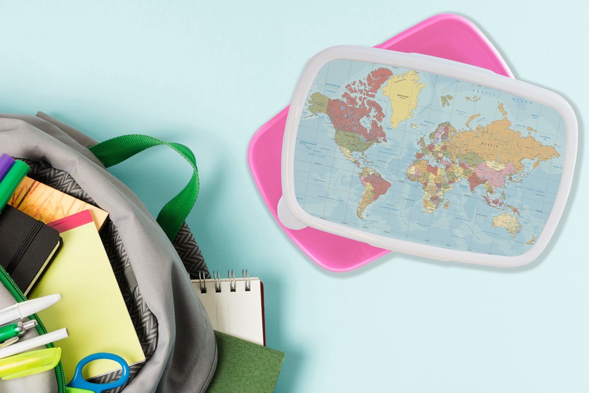 MuchoWow Lunchbox Karte - Welt rosa Kunststoff Farben, Erwachsene, Brotbox Kunststoff, - Brotdose Mädchen, für Kinder, Snackbox, (2-tlg)
