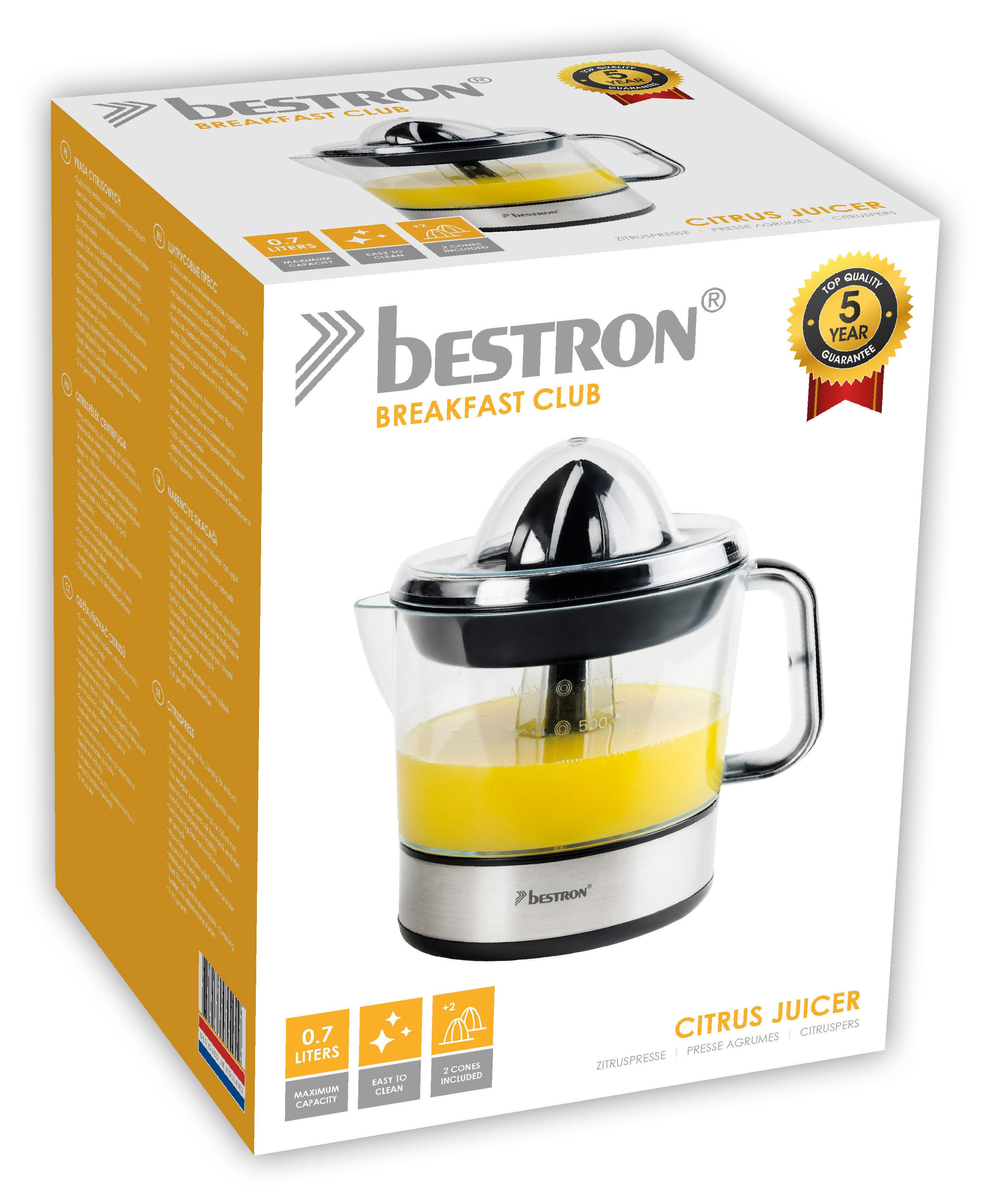 bestron Zitruspresse ACJ350, 40 W, 700 ml mit 2 Presskegeln & Frischhaltedeckel